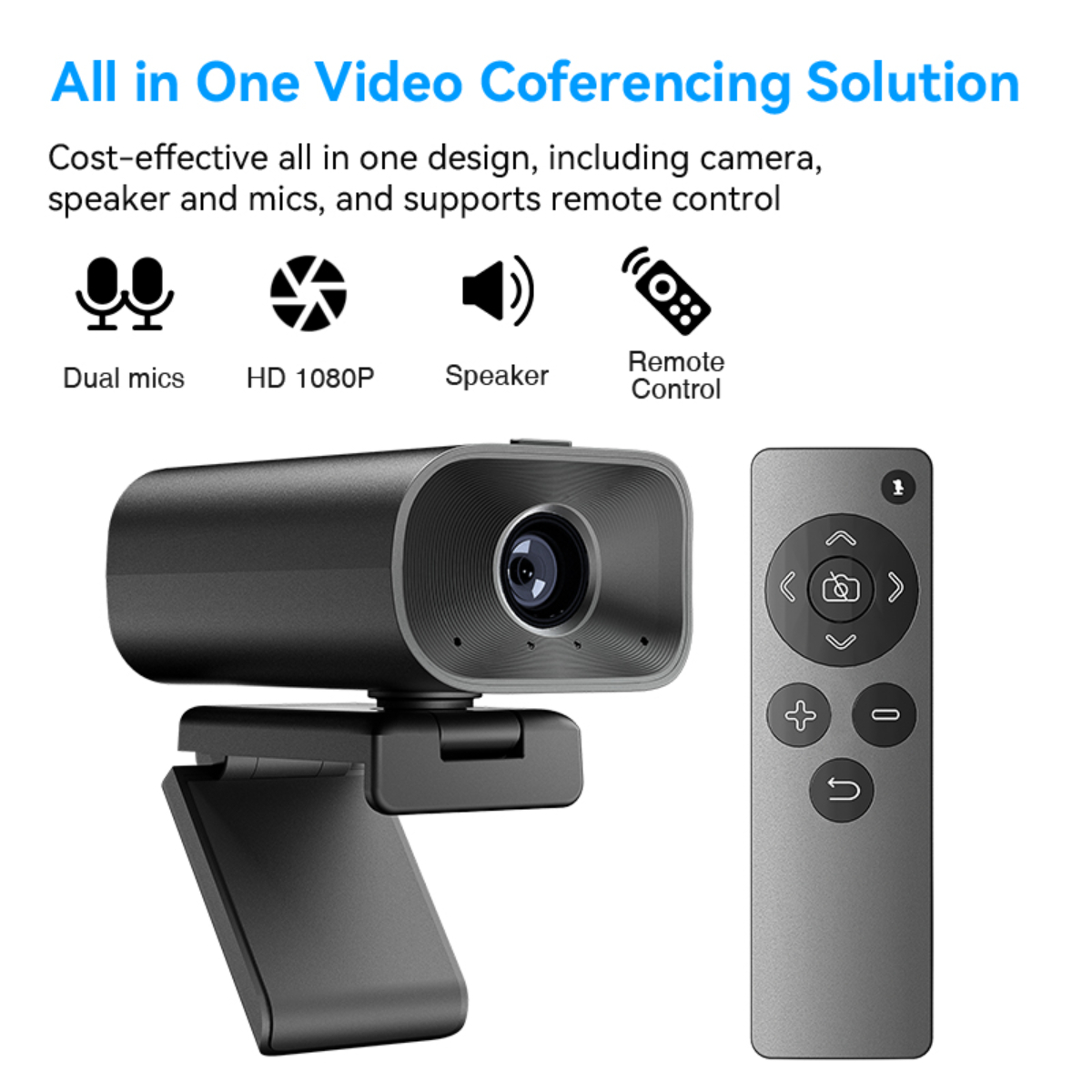 Eine schwarze Webcam mit Fernbedienung. Oben steht: All in One Video Conferencing Solution.
