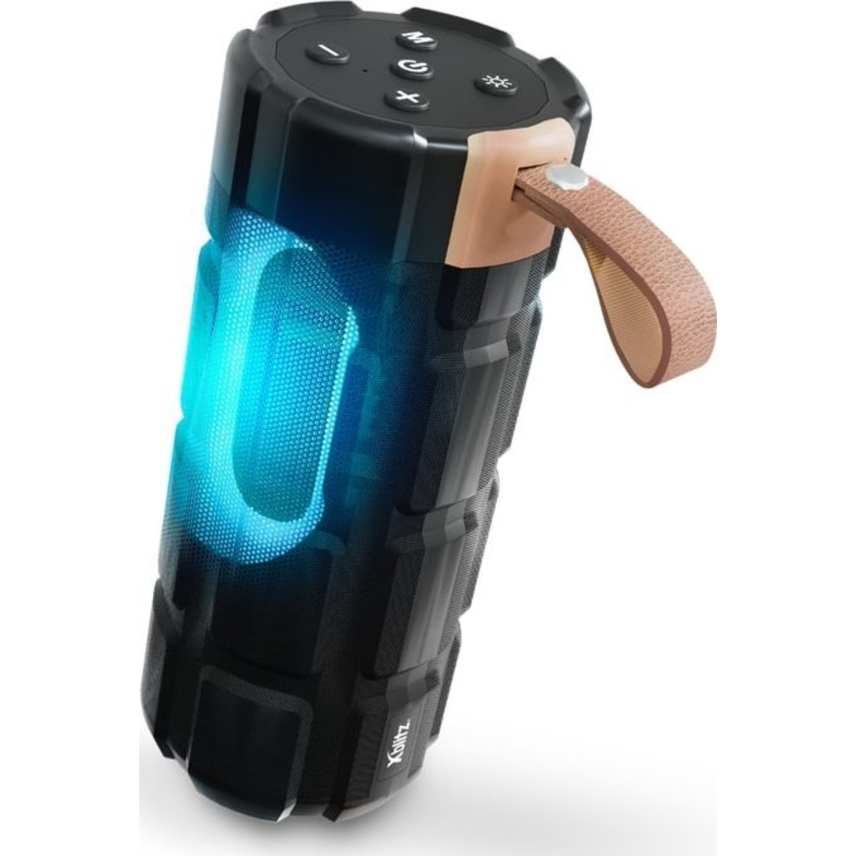 Un altoparlante portatile nero con luce blu e cinturino in pelle marrone. Pulsanti di controllo neri.