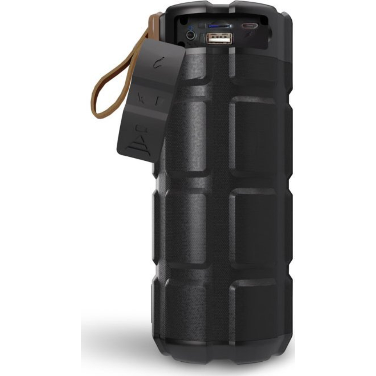 Un altoparlante Bluetooth portatile nero, cilindrico, con un cinturino, che mostra le porte.