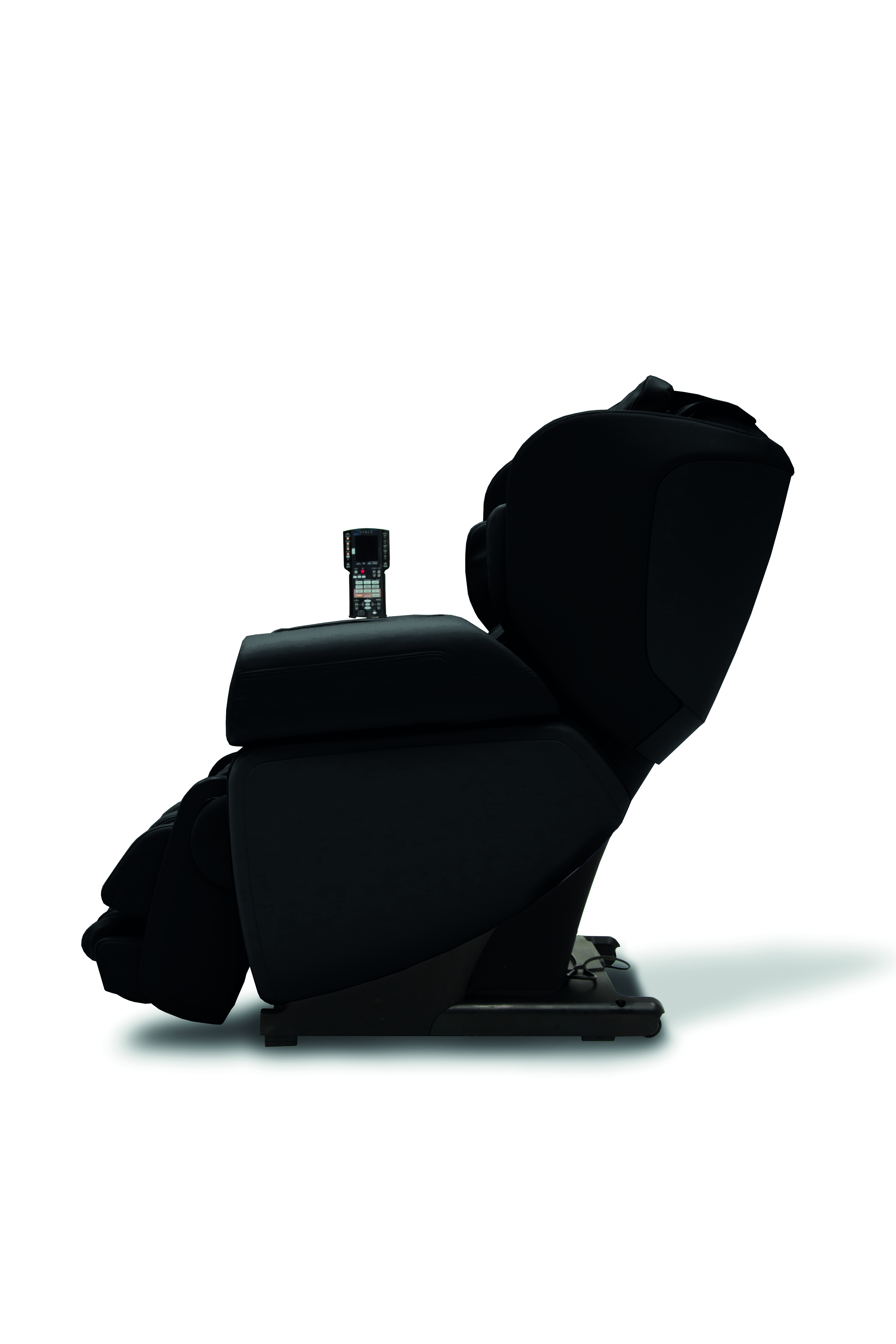 A black massage chair. The chair has a control on the side and is on a white background.