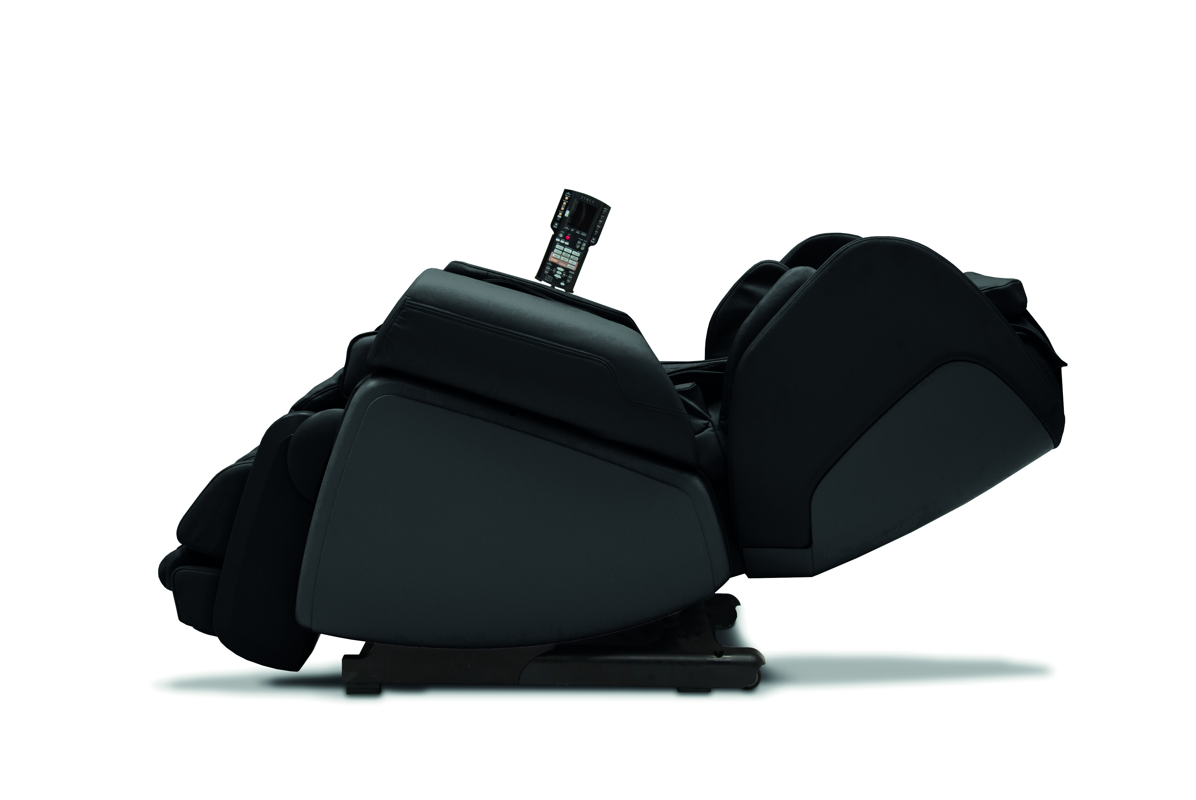 Black and gray massage chair on a white background, angled view.