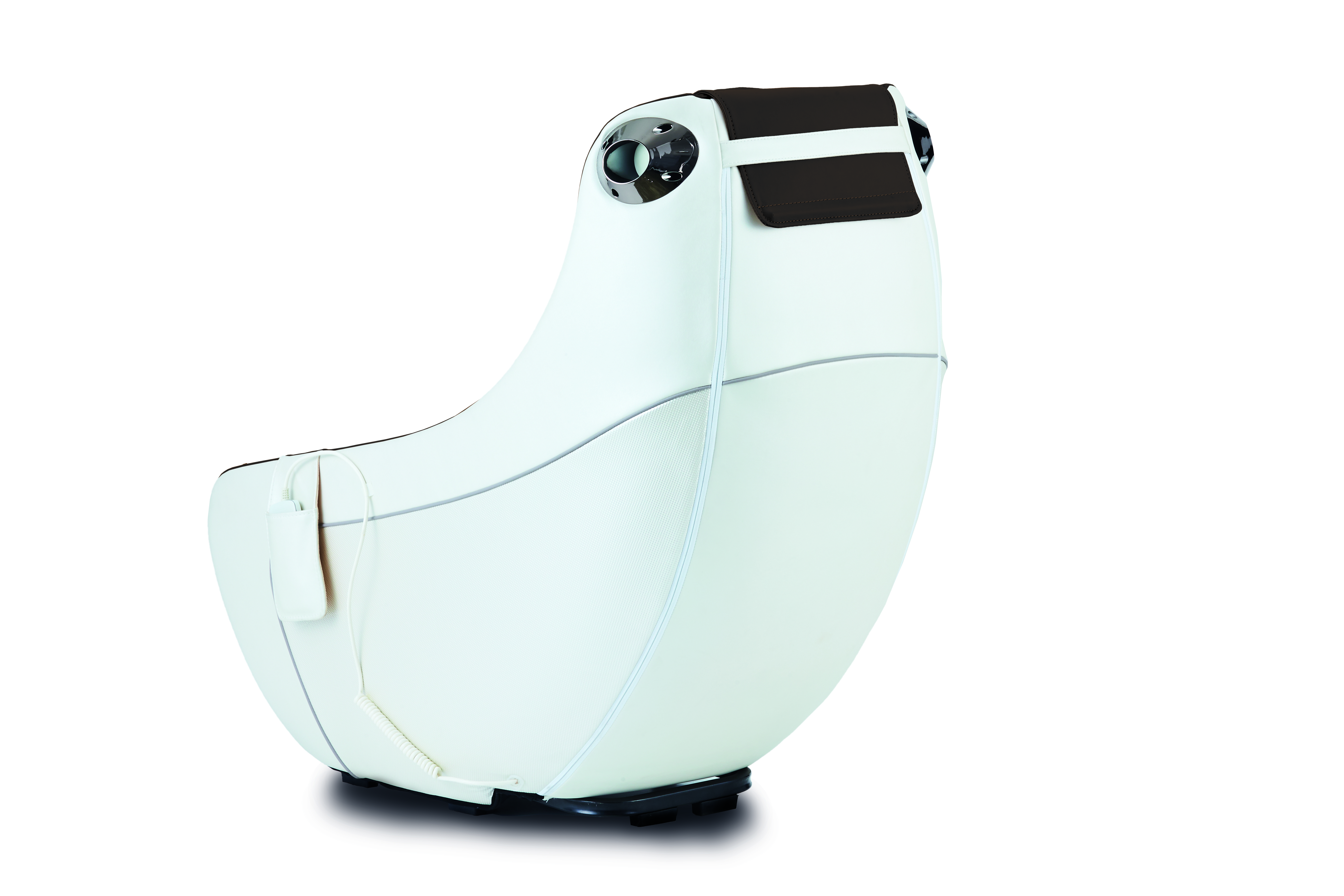 A white massage chair. It has a curved shape and is on a white background.