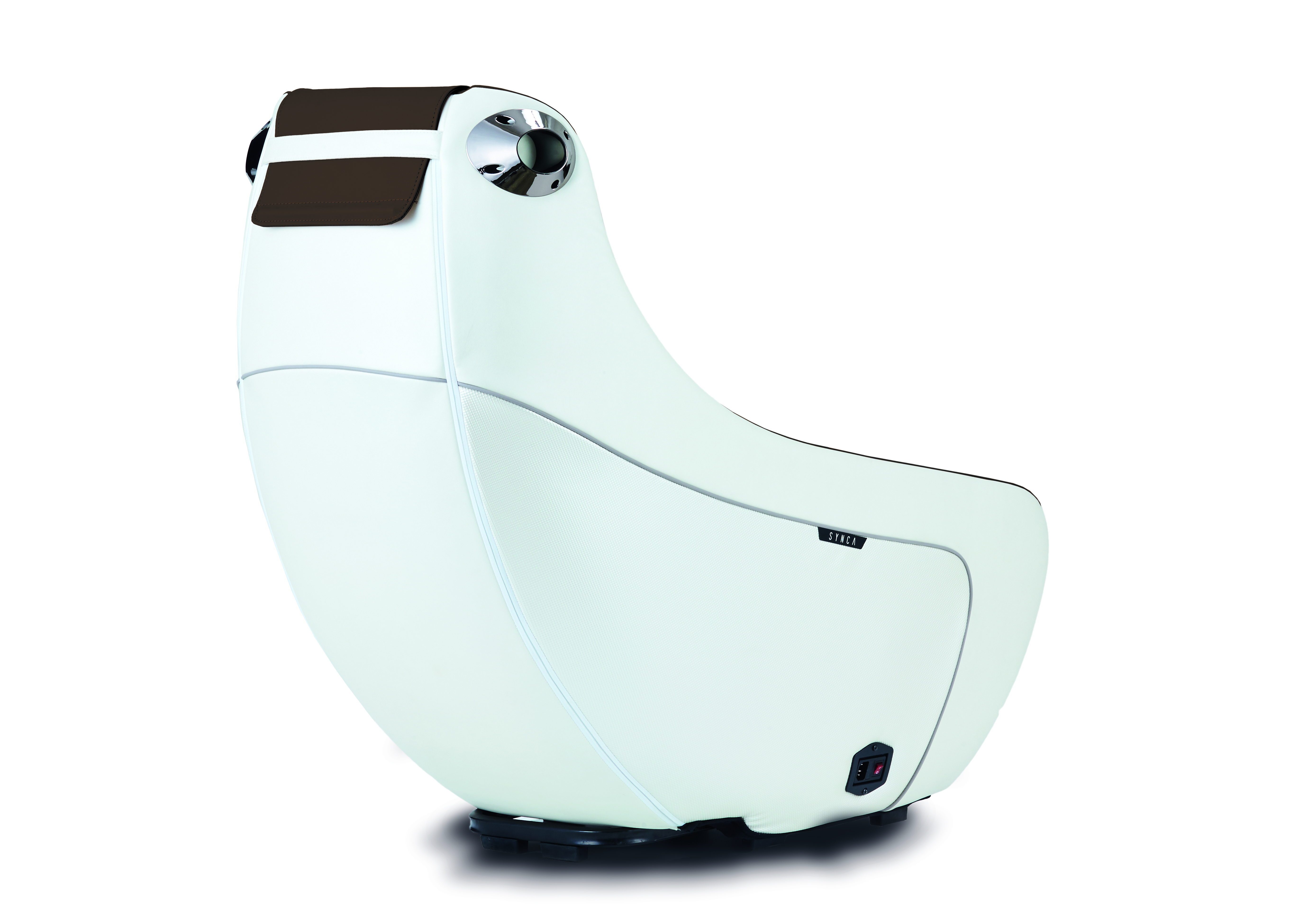 A white massage chair on a white background. It has a brown headrest.