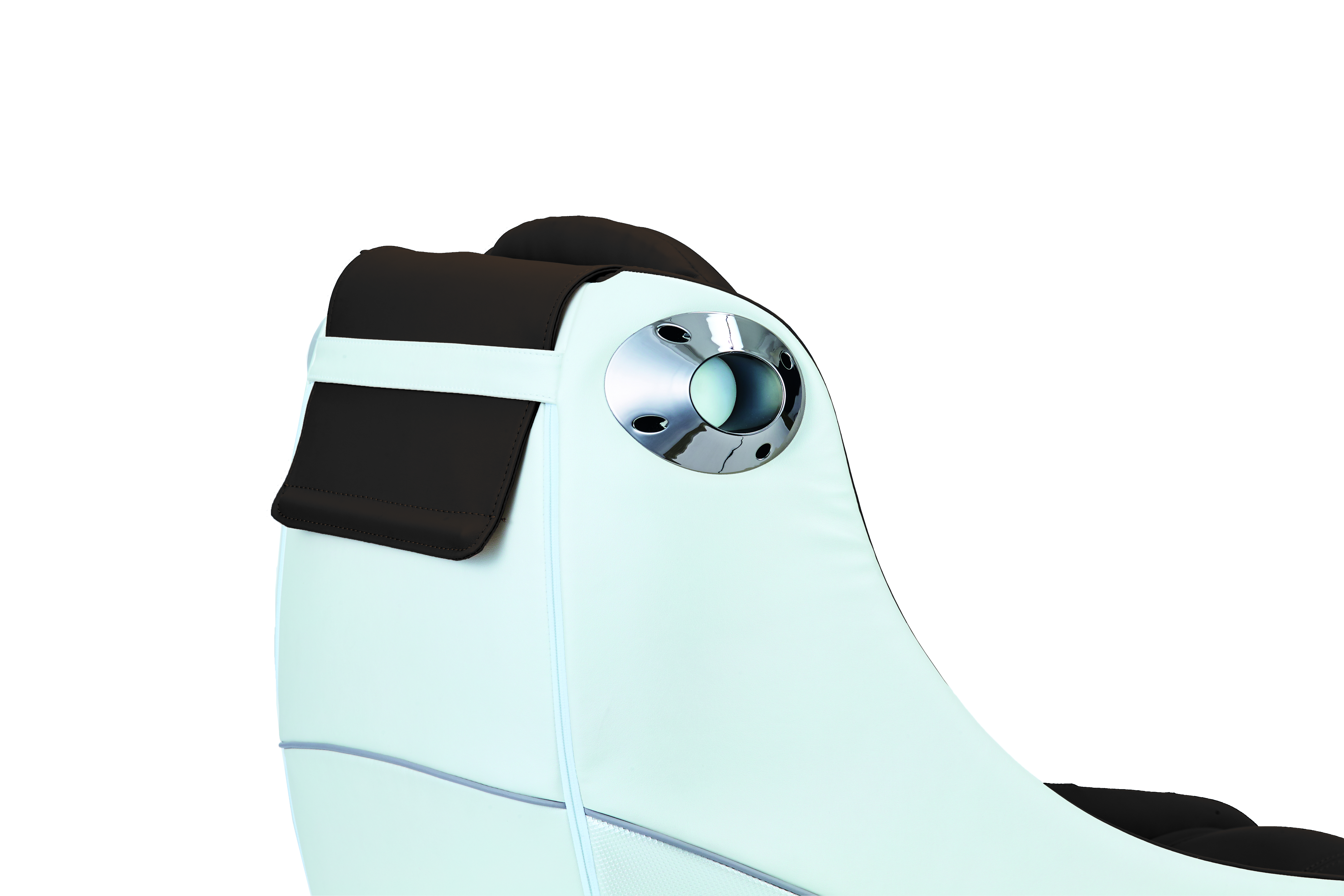 White massage chair with a brown headrest and metallic accents, on a white background.