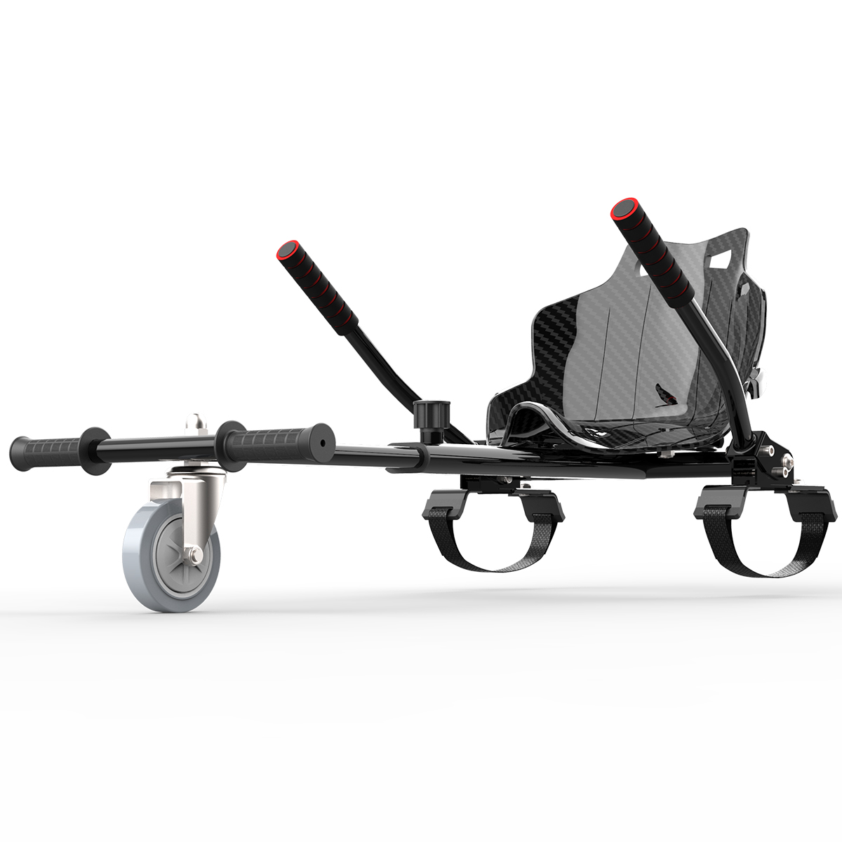 Ein schwarzer Mobilitätsroller mit Sitz, Lenker mit roten Details und einem einzelnen Vorderrad.