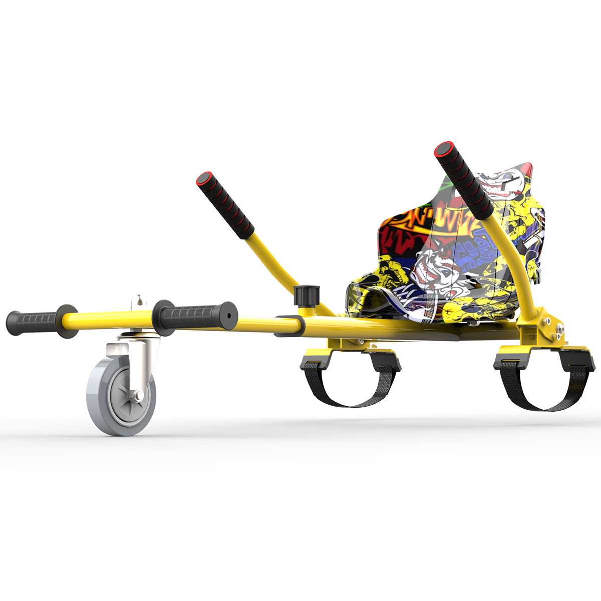 Gelber Roller mit Rädern, schwarzen Griffen und buntem Graffiti-Sitz.
