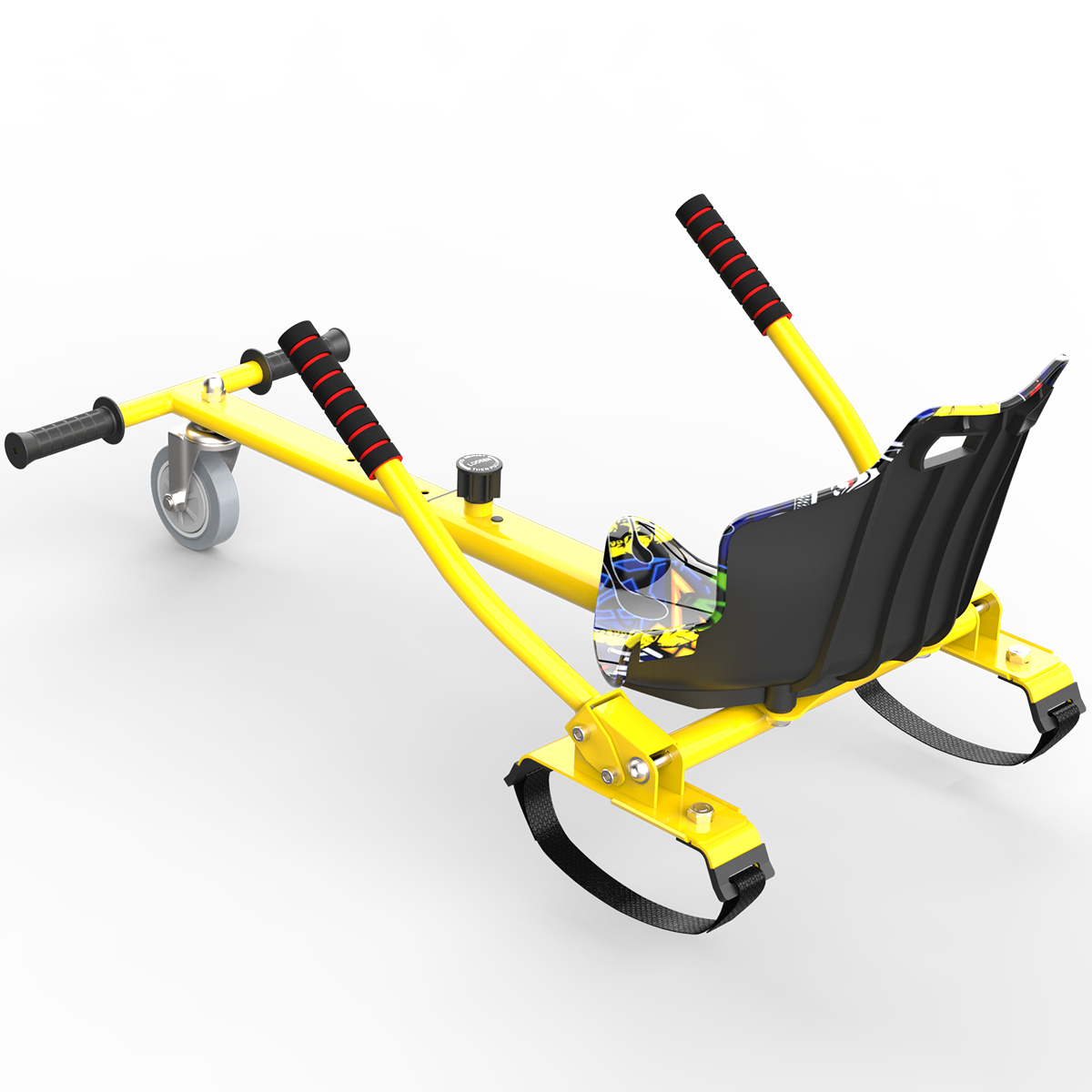 Ein gelber, sitzender Roller mit roten Griffen und einem schwarzen Sitz.