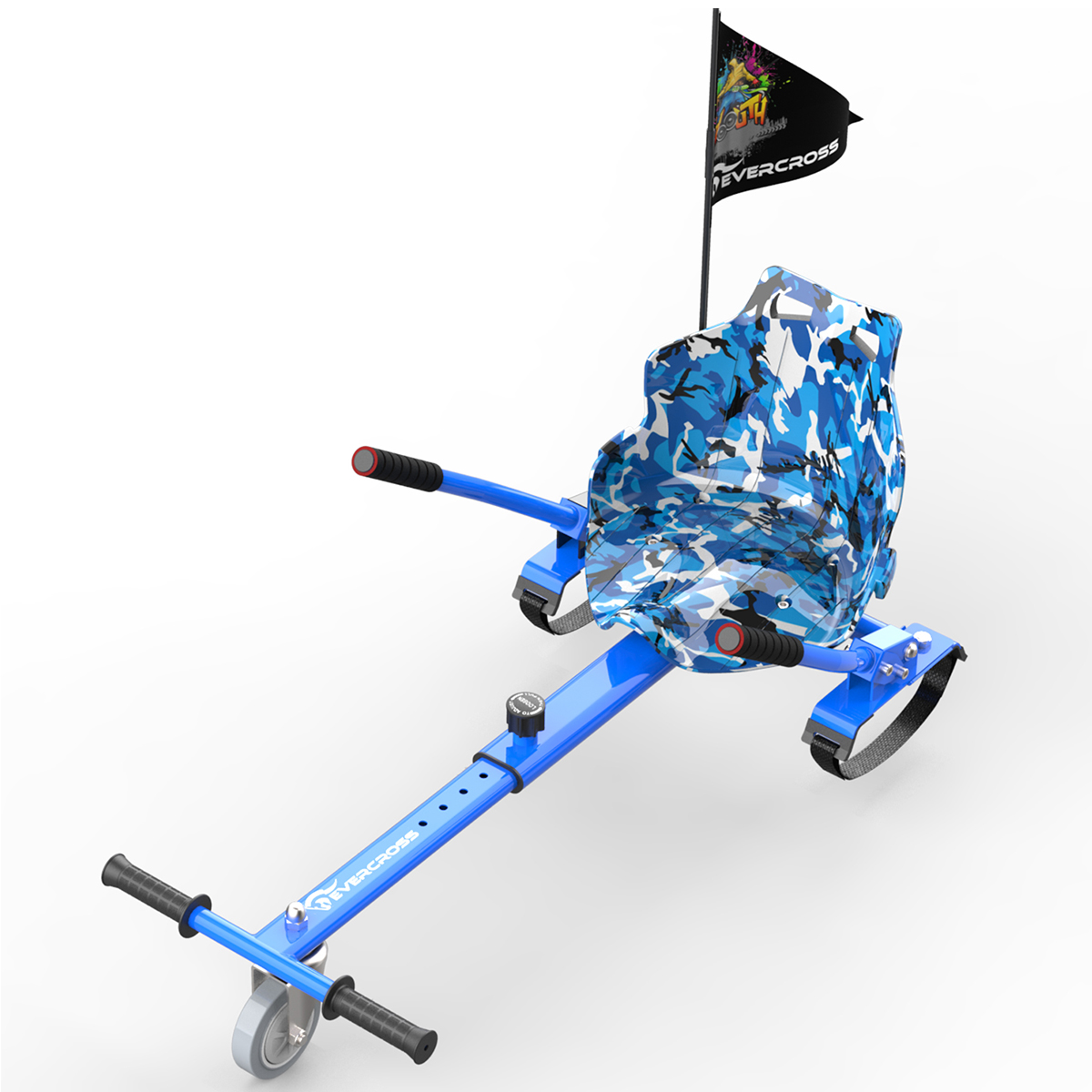 Blaues Evercross Hoverboard mit blauem Camo-Sitz, schwarzer Flagge und Griffen. Weißer Hintergrund.