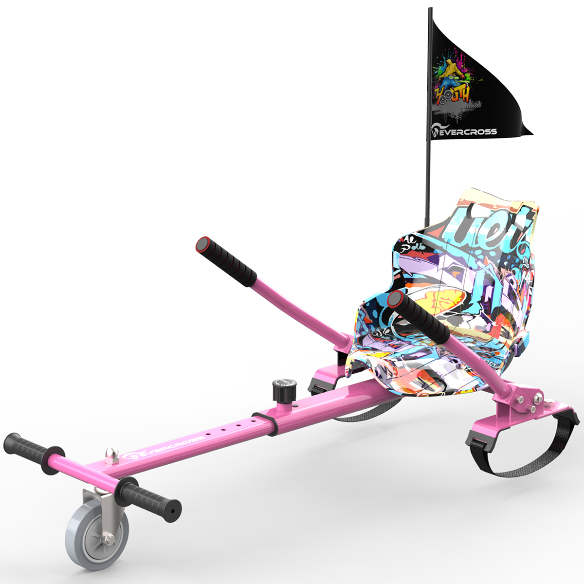 Rosa Roller mit Fahne. Der Roller hat einen bunten Sitz. Er steht vor weißem Hintergrund.