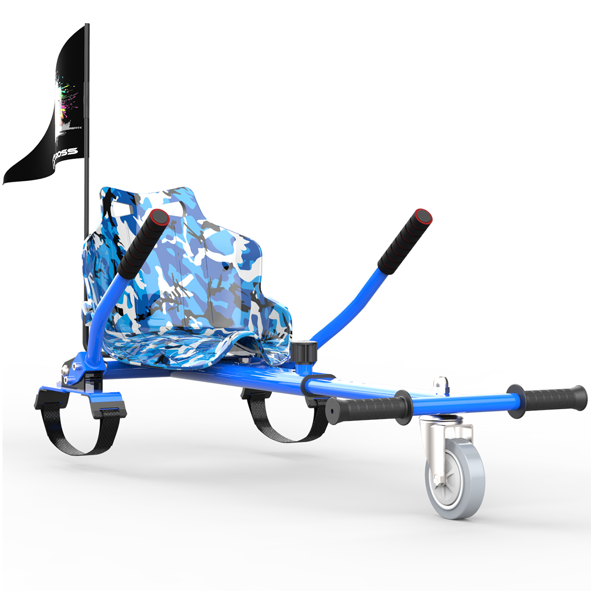 Blau-weißer Roller mit Camo-Sitz, Fahne und Griffen auf weißem Hintergrund.