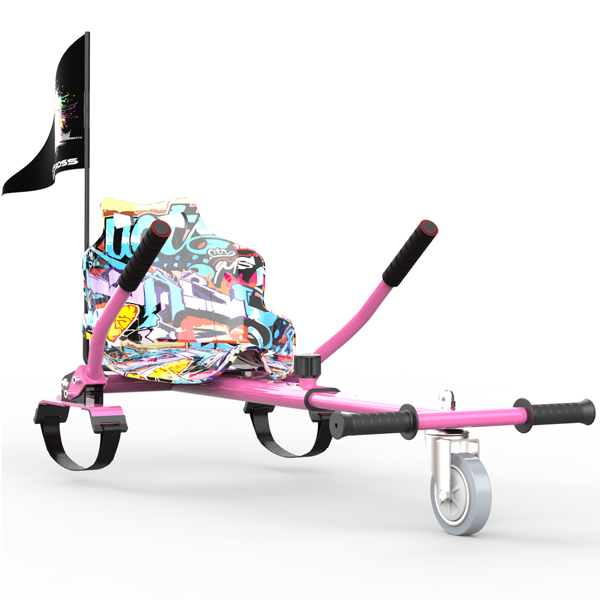 Pinkfarbenes Go-Kart mit schwarzen Griffen, Graffiti-Design und einer Fahne. Weißer Hintergrund.
