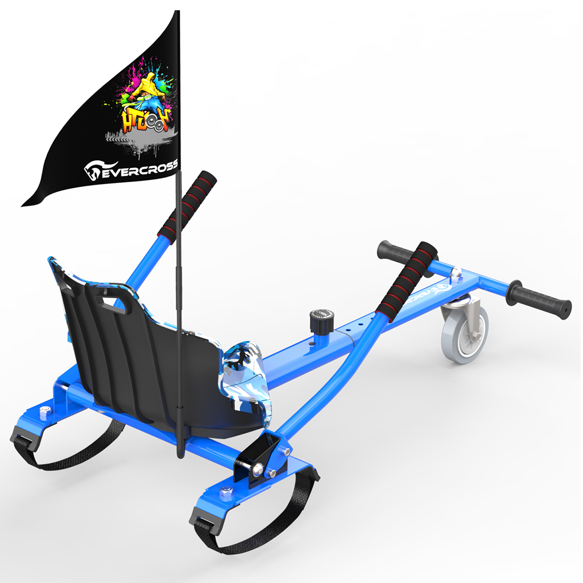 Blauer Go-Kart mit schwarzer Flagge, schwarzem Sitz und schwarzen Handgriffen auf weißem Hintergrund.