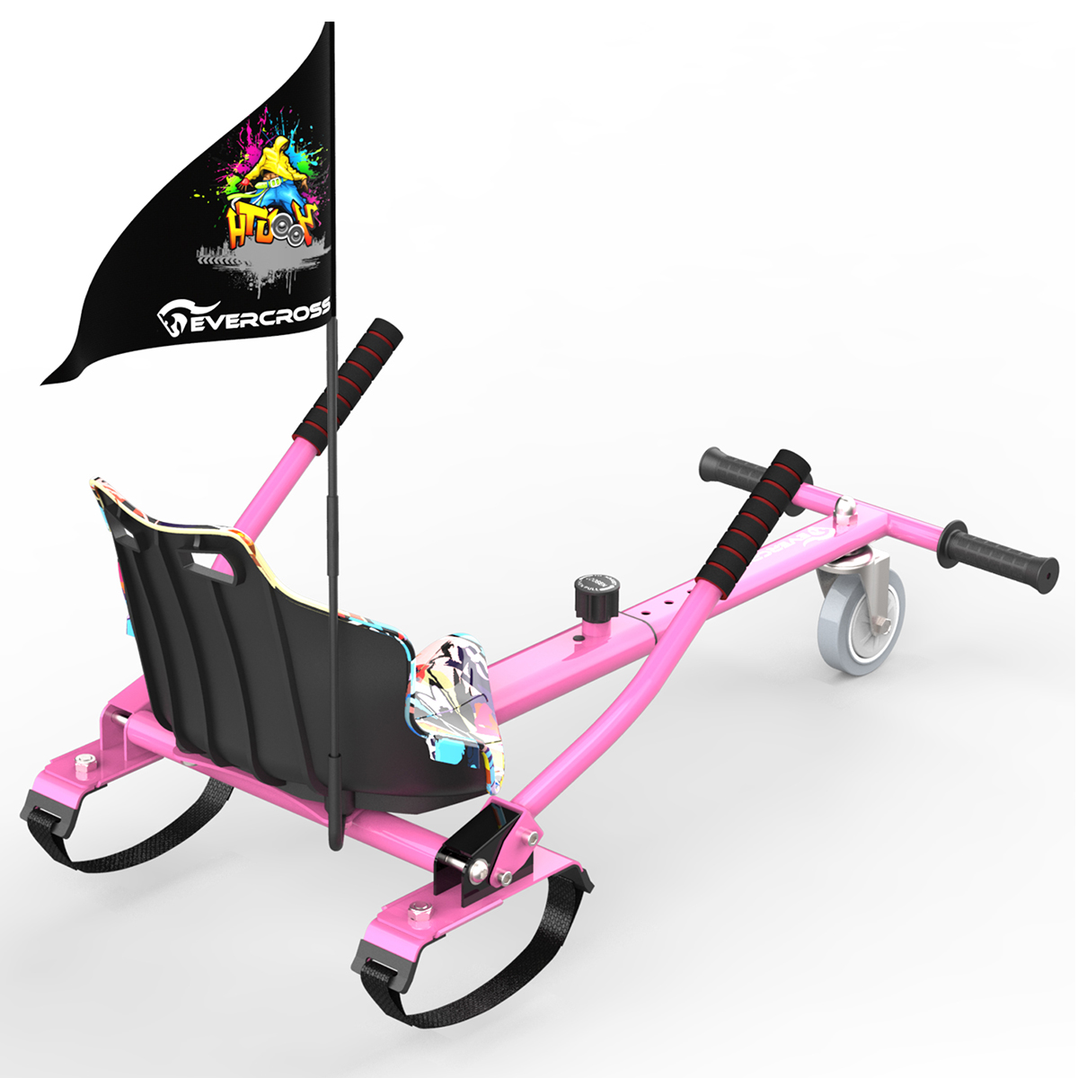 Rosa Sitzroller mit Fahne und schwarzen Griffen, weißer Hintergrund.