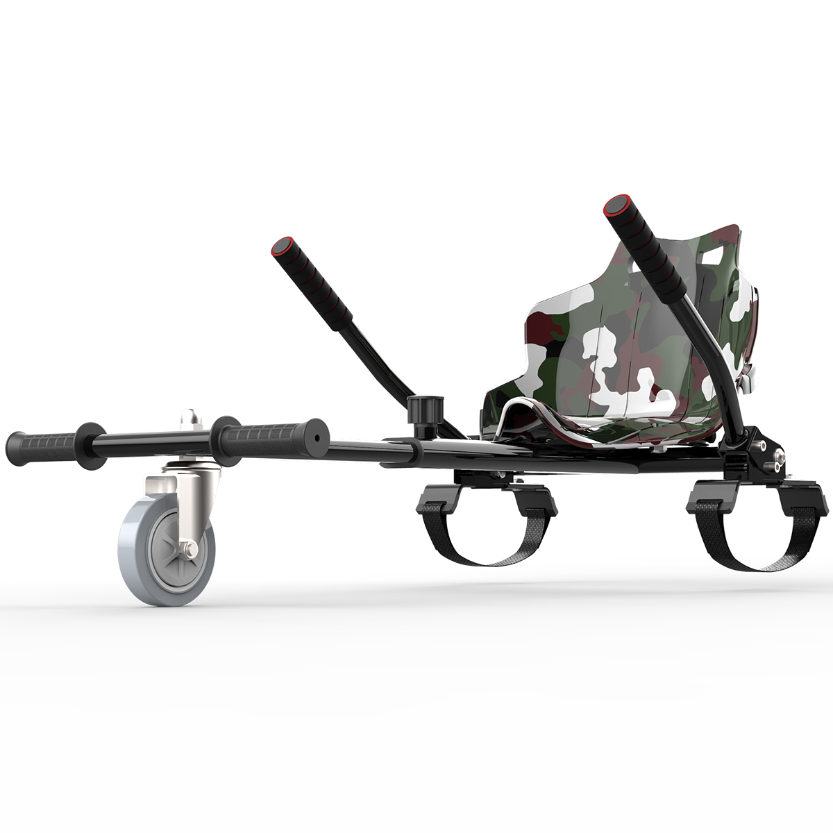 Roller mit Camouflage-Sitz, schwarzem Rahmen und grauem Vorderrad. Weißer Hintergrund.