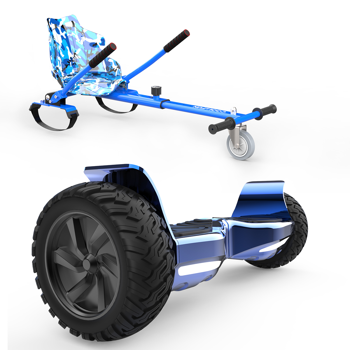 Dos hoverboards, uno con asiento, el otro estándar. Ambos son azules y blancos.