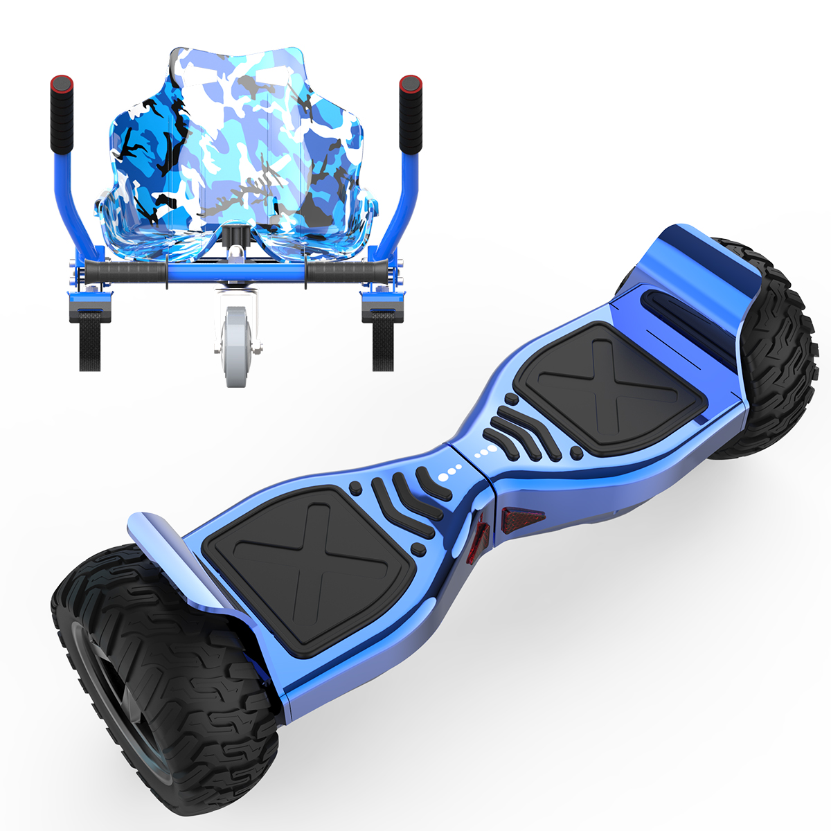 Un hoverboard azul y un accesorio de kart azul sobre un fondo blanco.