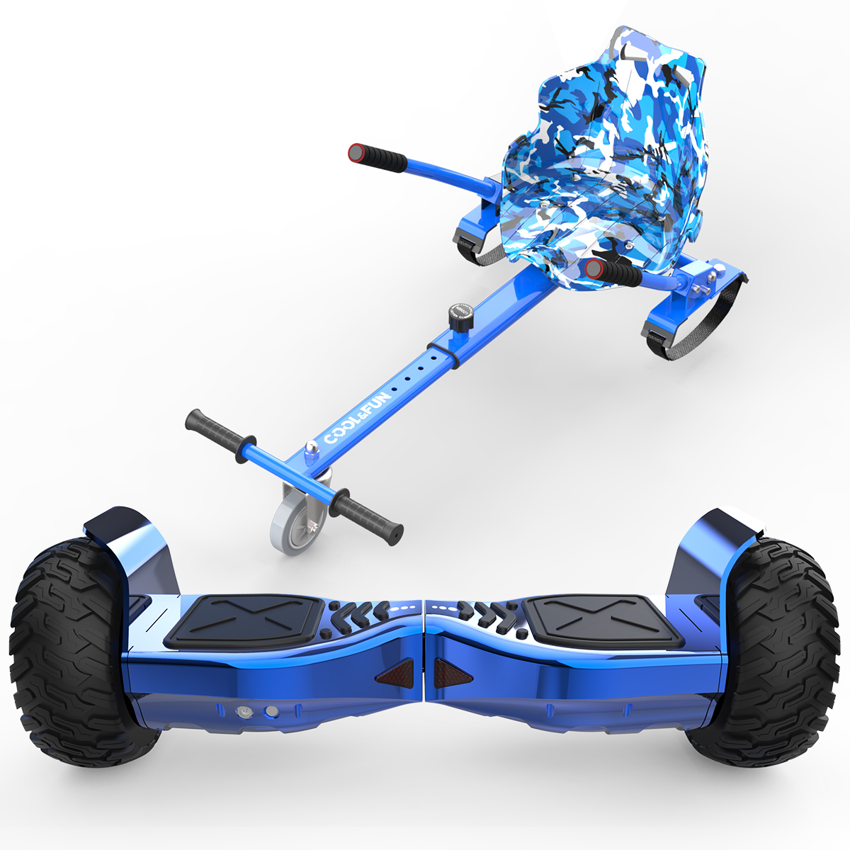 Hoverboard azul y blanco con un accesorio de asiento. Fondo blanco.