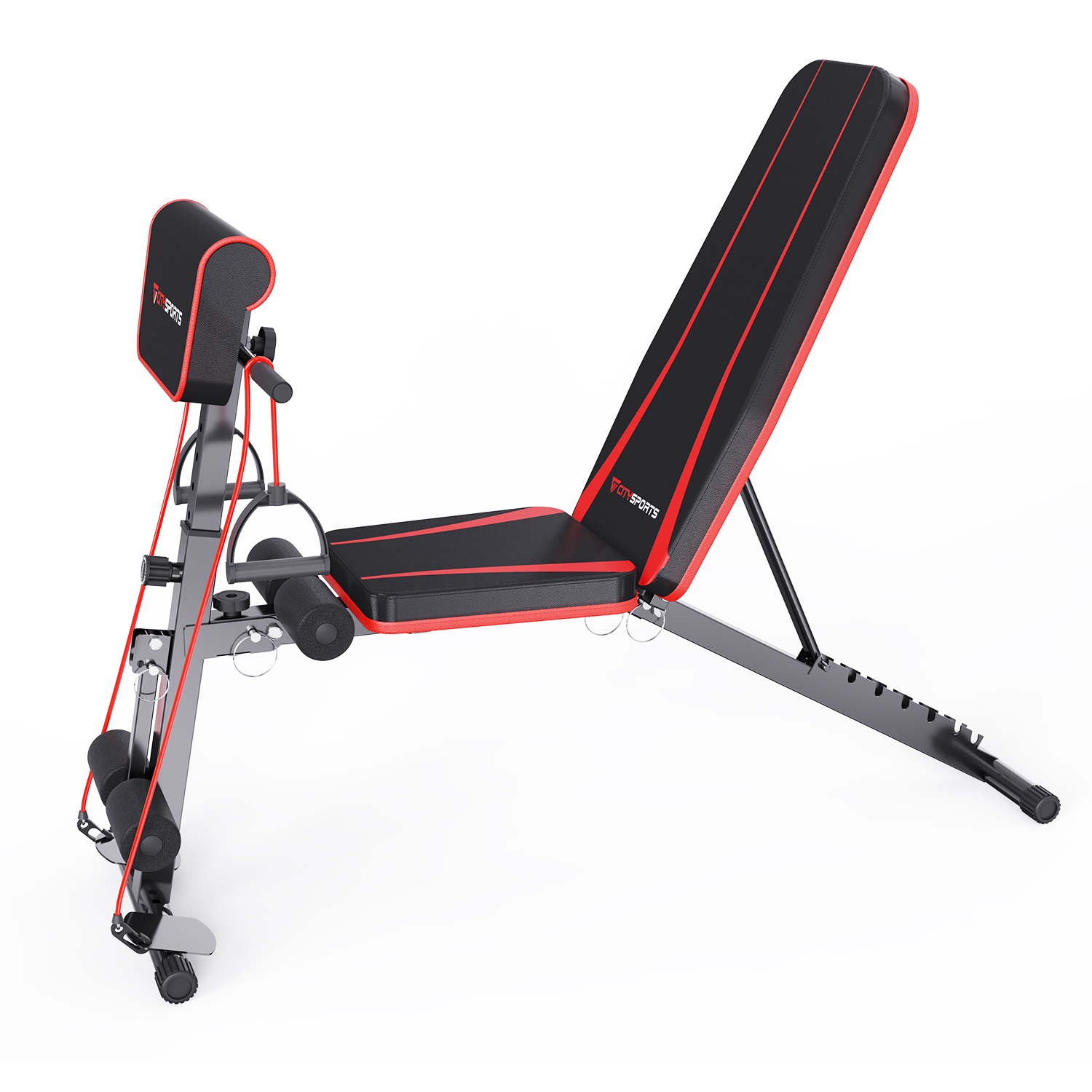 Exercise bench, black with red accents. It has a seat, backrest, and a leg workout attachment.