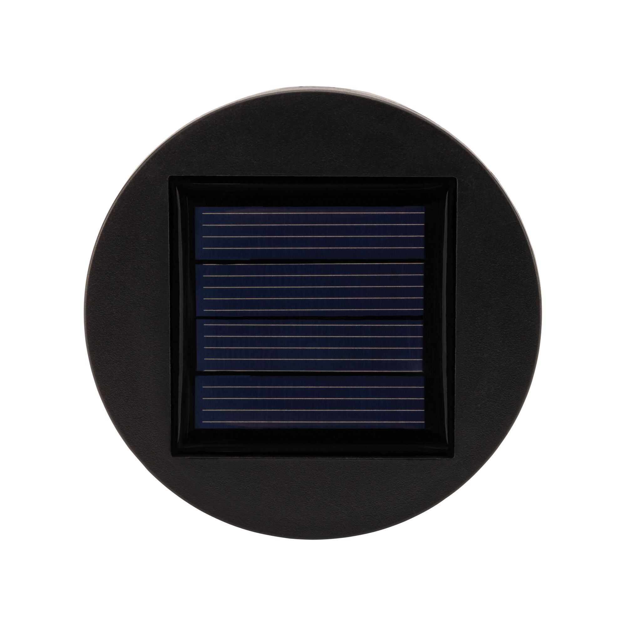 Schwarzes Solarpanel, kreisförmig, in einem schwarzen Rahmen, mit einem quadratischen Panel.