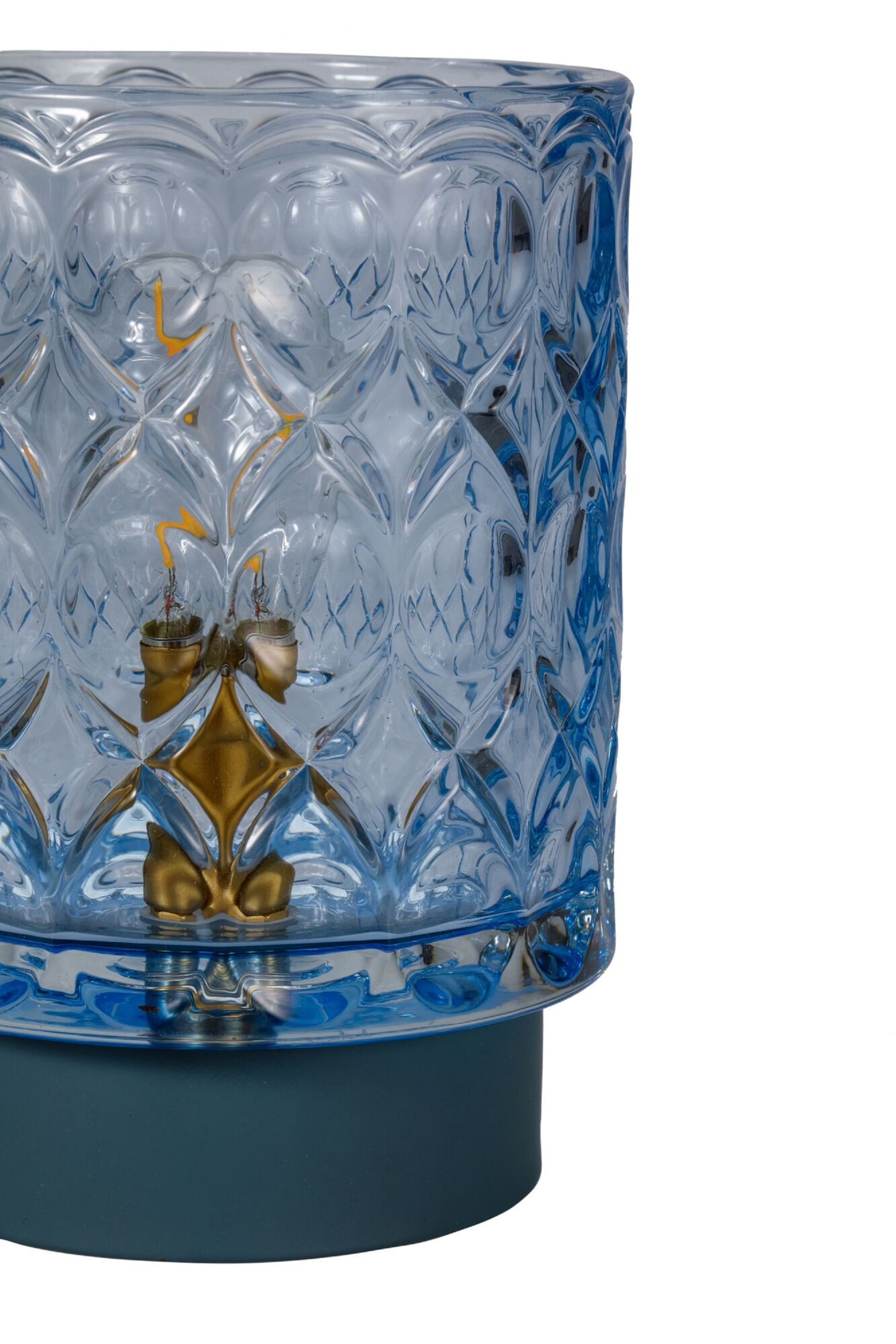 Niebieska szklana lampa z rombowym wzorem, złotymi uchwytami żarówek i niebieską podstawą.