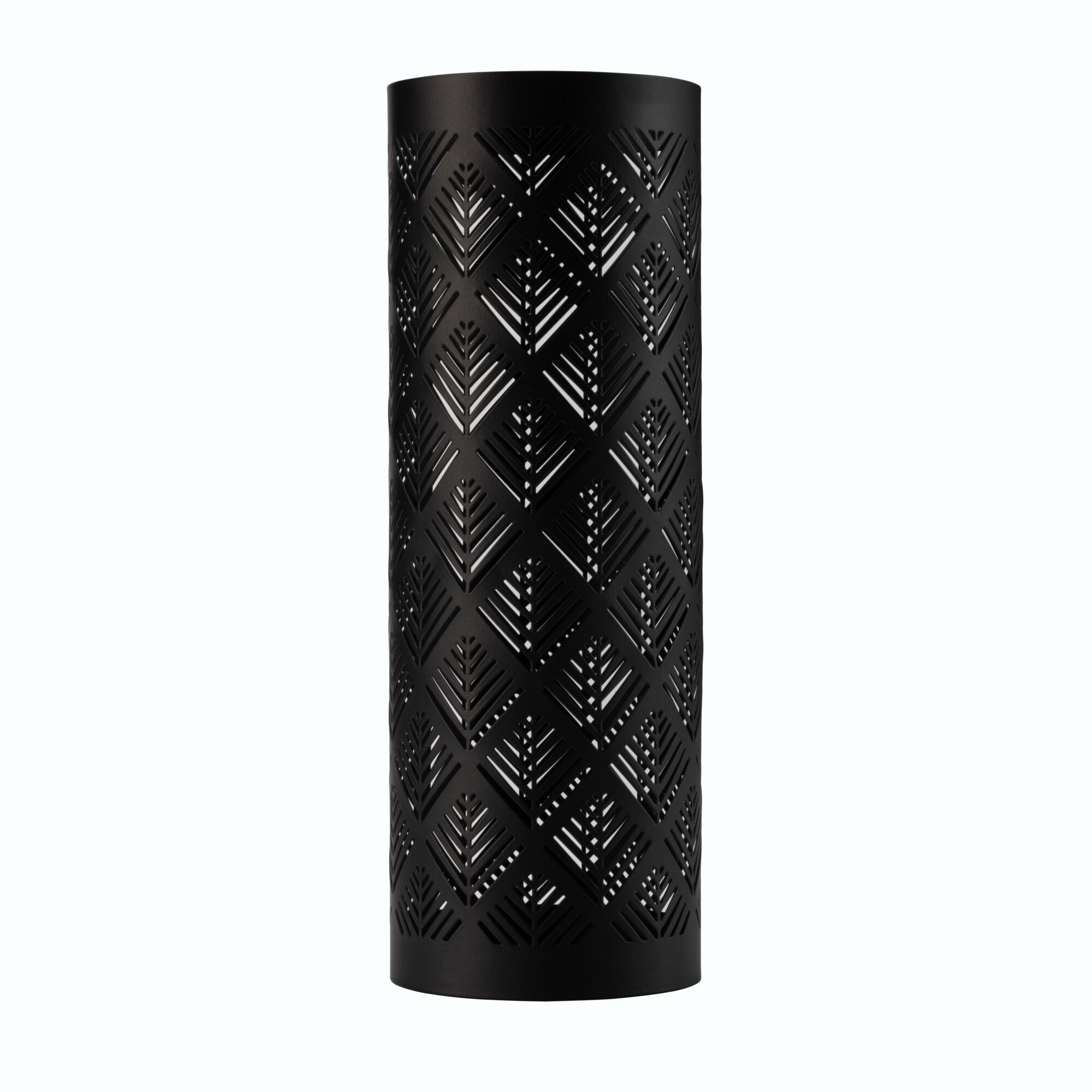 Schwarze zylindrische Lampe mit Blättermuster, weißer Hintergrund.