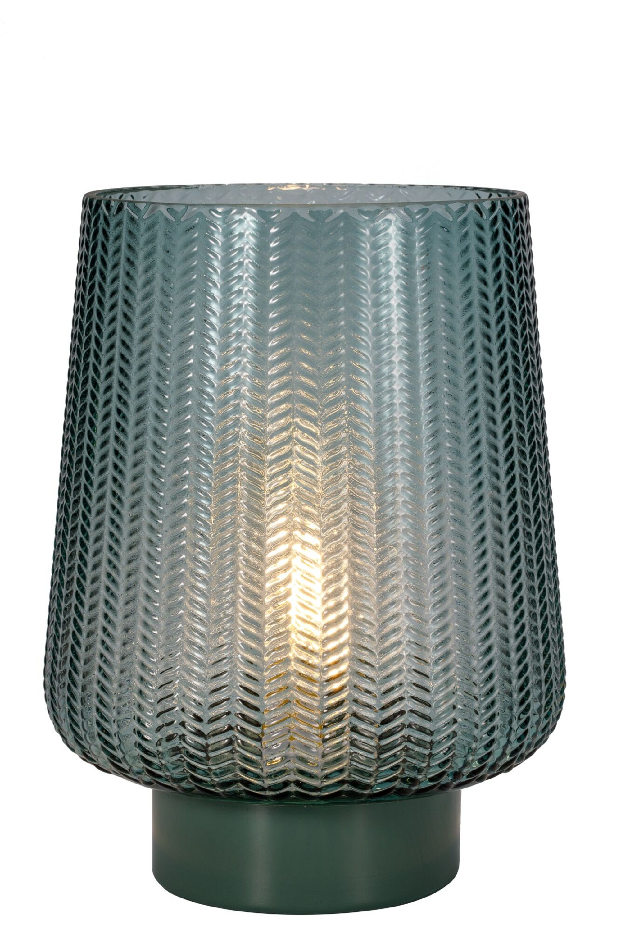 Niebiesko-zielona szklana lampa o wzorze tekstury, na białym tle.