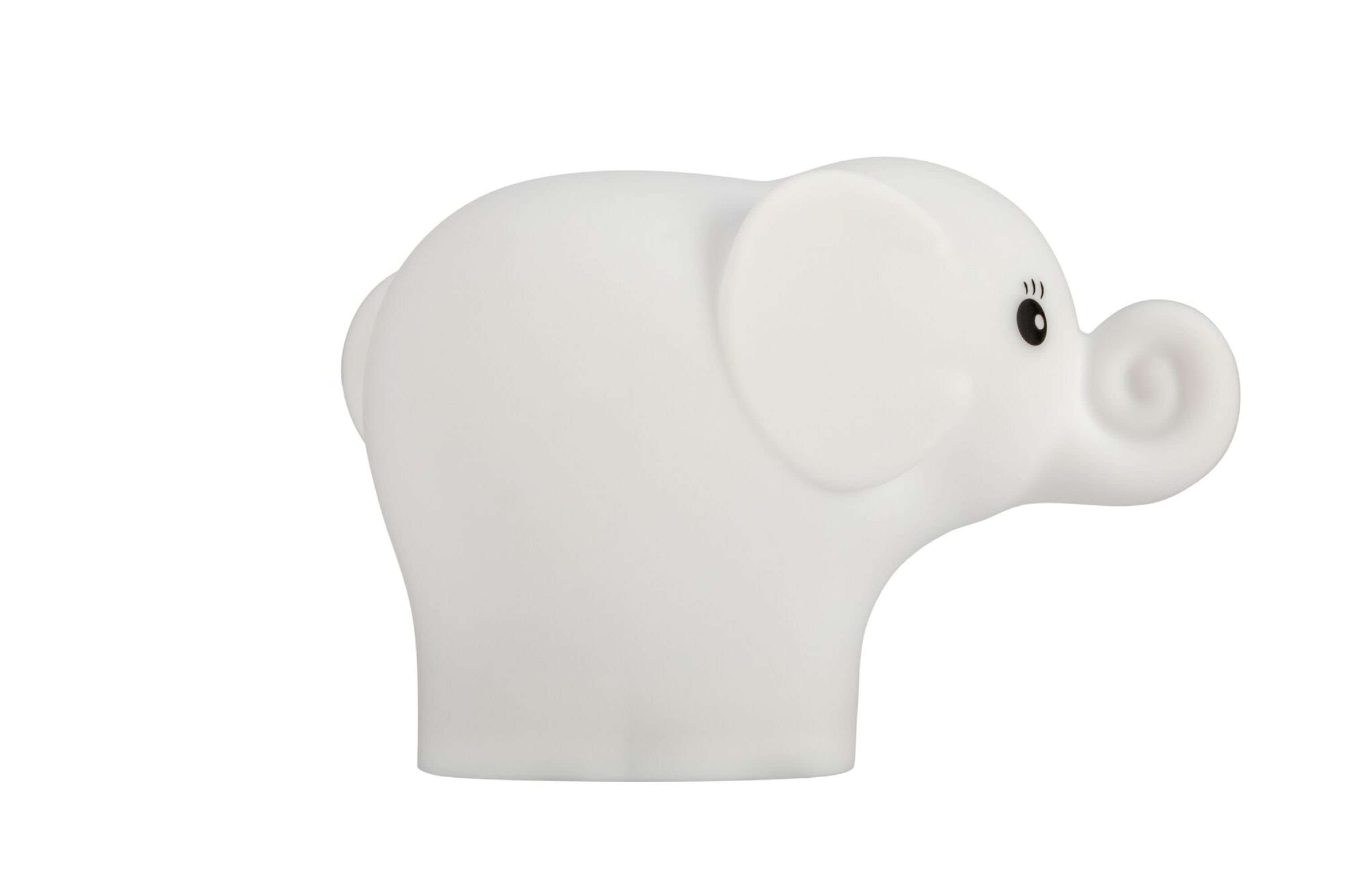 Biała lampka nocna w kształcie słonia, na białym tle. Urocza.