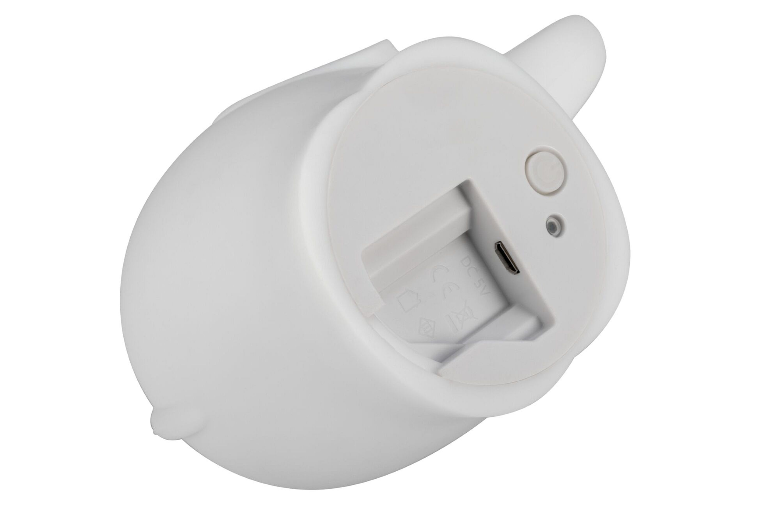 Biała lampka nocna w kształcie królika. Spód posiada port ładowania i przycisk zasilania.