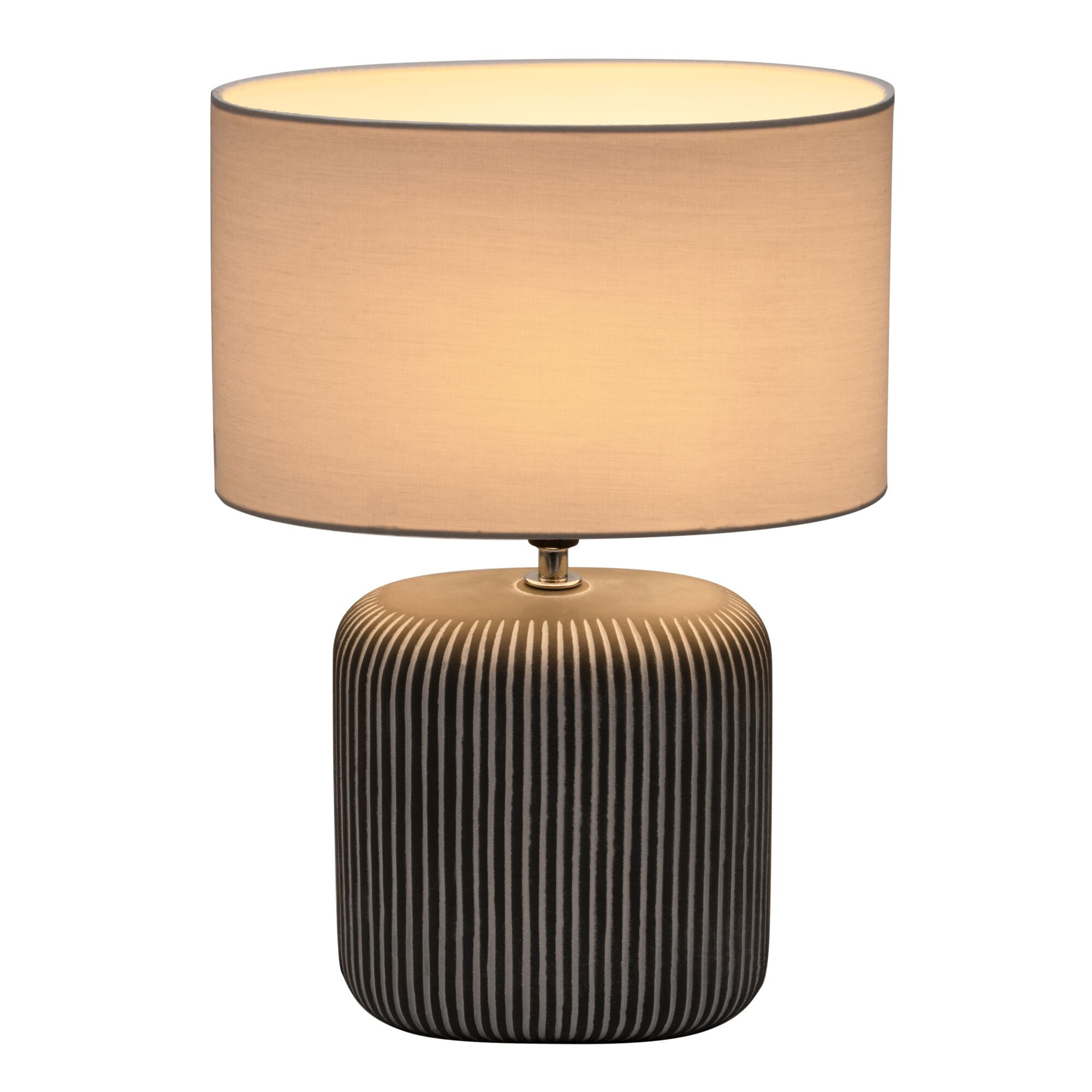 Lampa z paskowaną podstawą i cylindrycznym abażurem. Światło prześwituje.