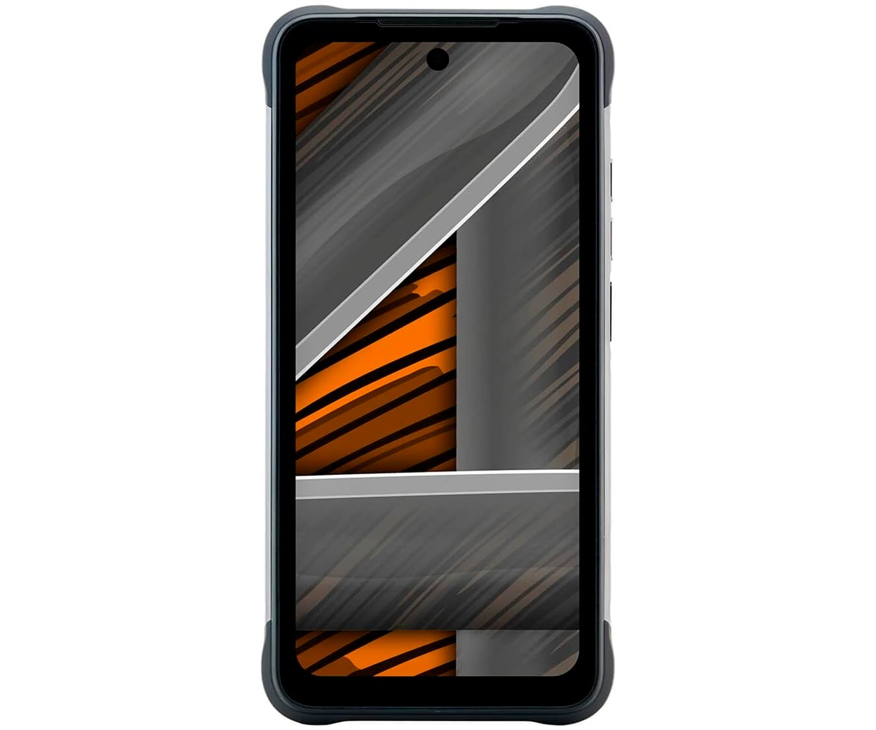 Ein schwarzes Smartphone mit Schutzhülle. Der Bildschirm zeigt eine Grafik mit orange und grauen Farben.