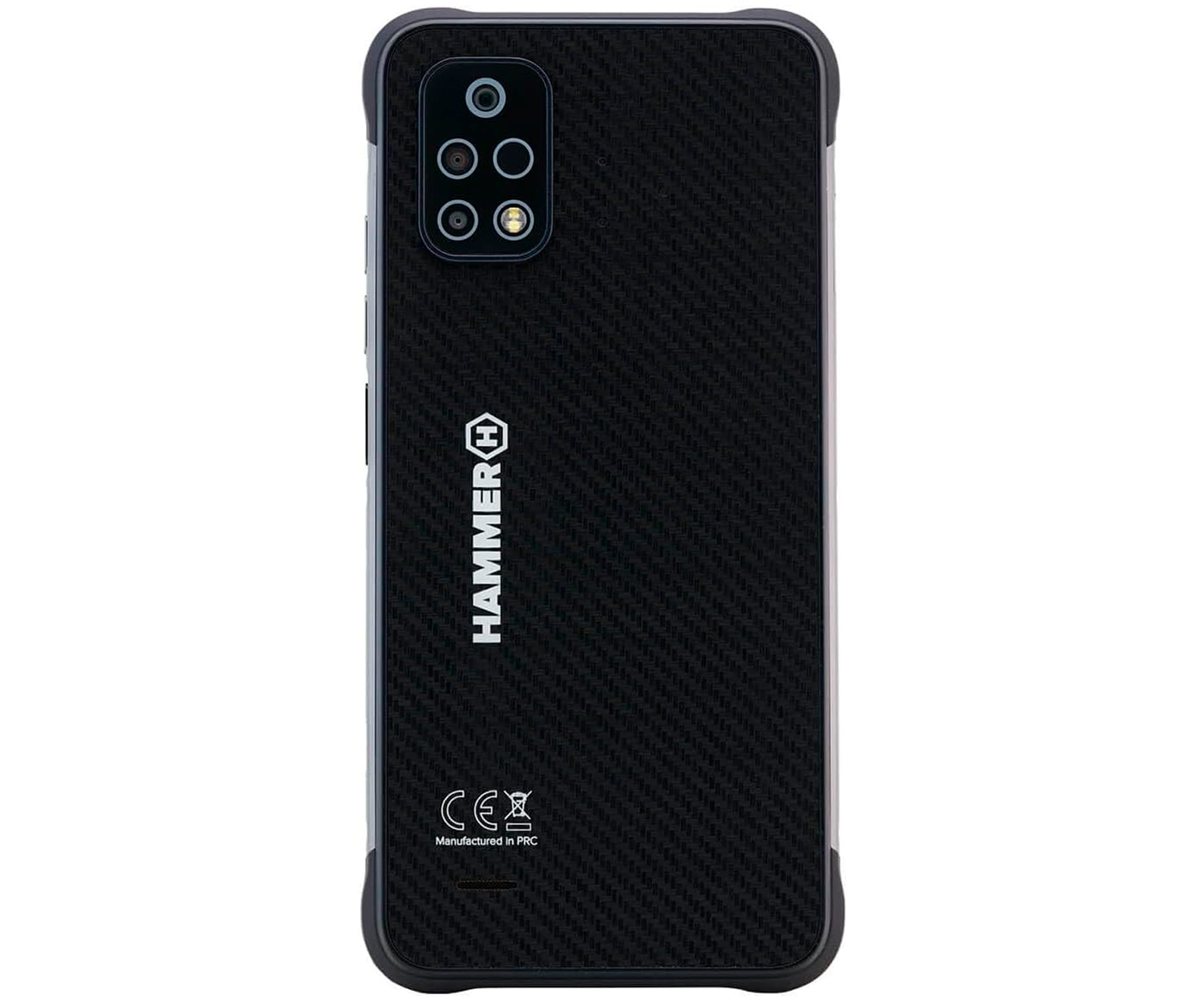 Rückseite eines schwarzen Smartphones. Kamera, Hammer-Logo und CE-Zeichen. Kohlefaser-Textur.
