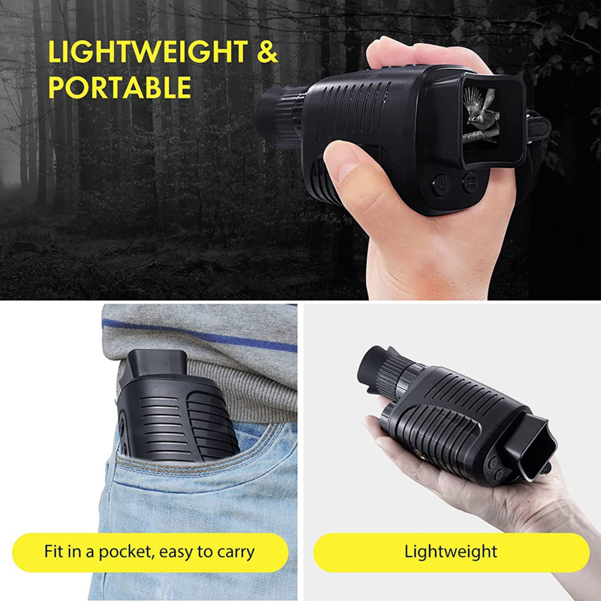 Dispositivo de visión nocturna negro. Muestra una mano sosteniendo el dispositivo y fotos en un bolsillo.