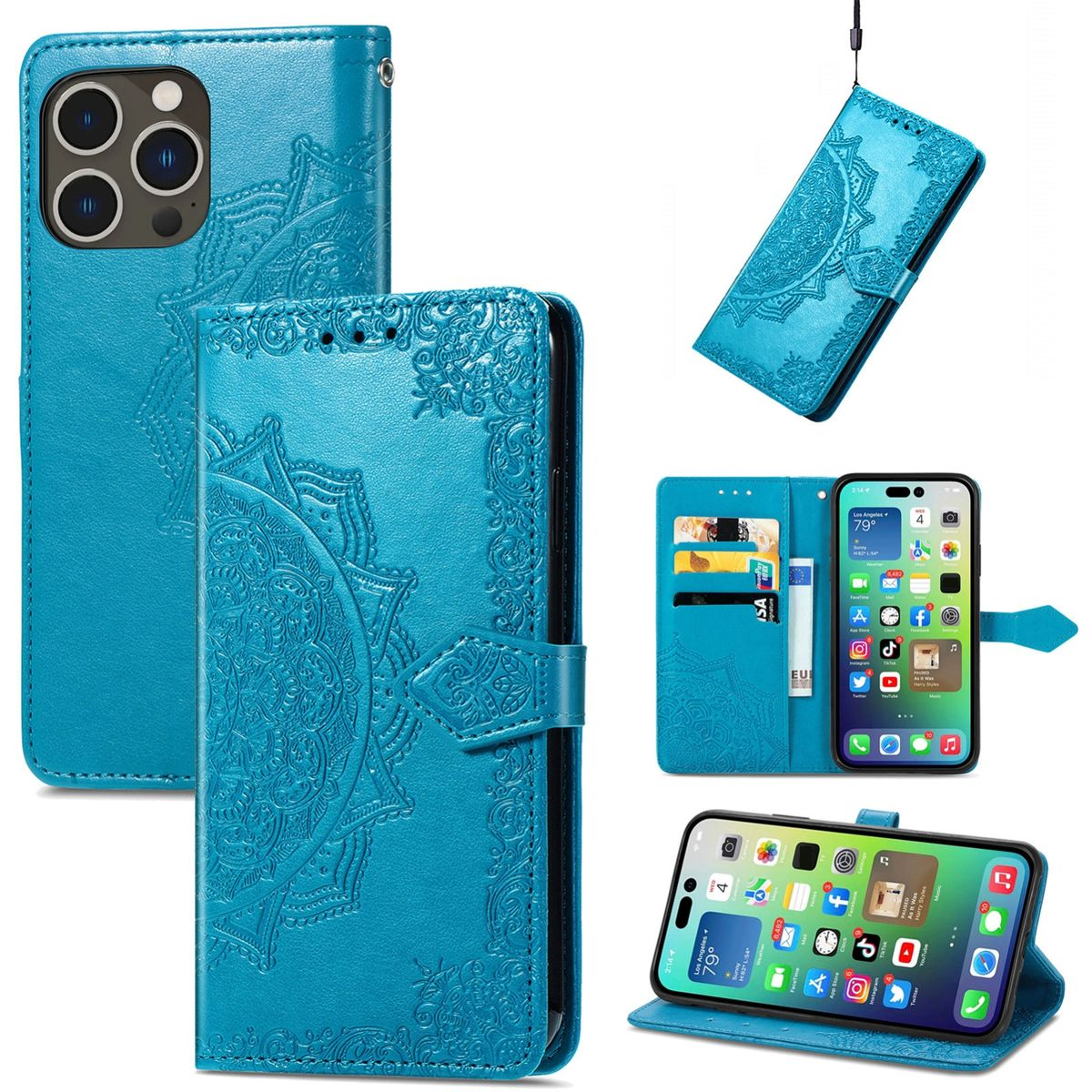 Blaue Handyhülle mit Mandala-Design. Enthält eine separate Hülle und ein Telefon mit Apps.