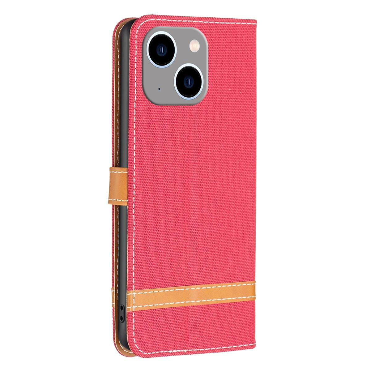Rote Handyhülle mit braunem Riemen, Nähten und einem iPhone mit Dual-Kamera. Brauner Lederriemen.