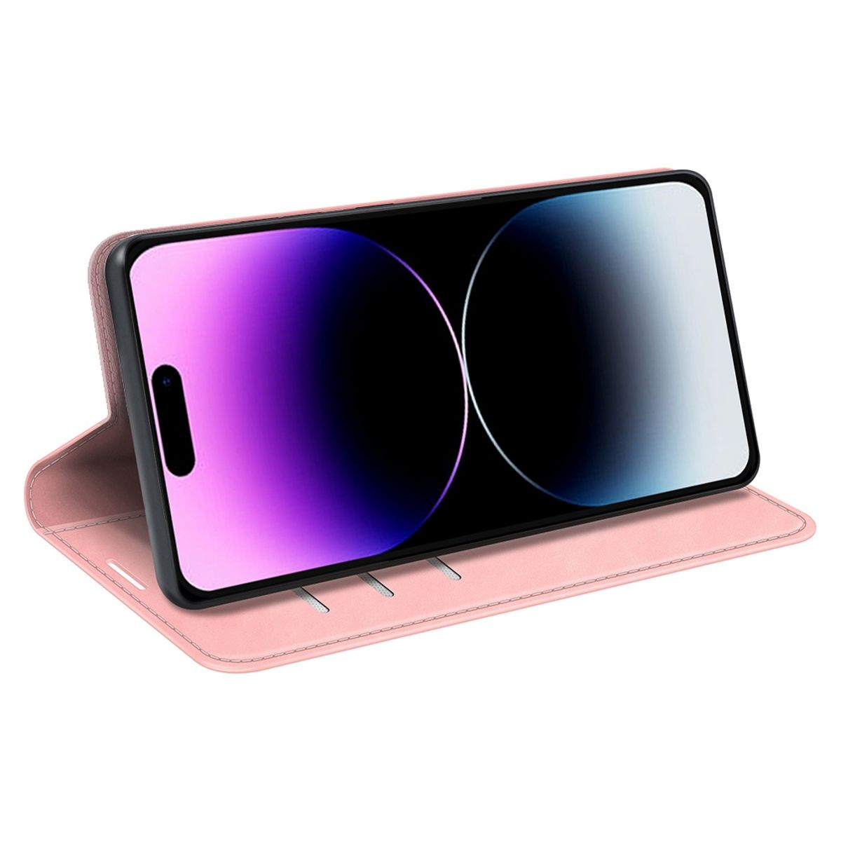 Eine rosa Handyhülle mit einem Telefon darin. Das Telefon steht aufrecht. Die Hülle ist geöffnet, auf weißem Hintergrund.