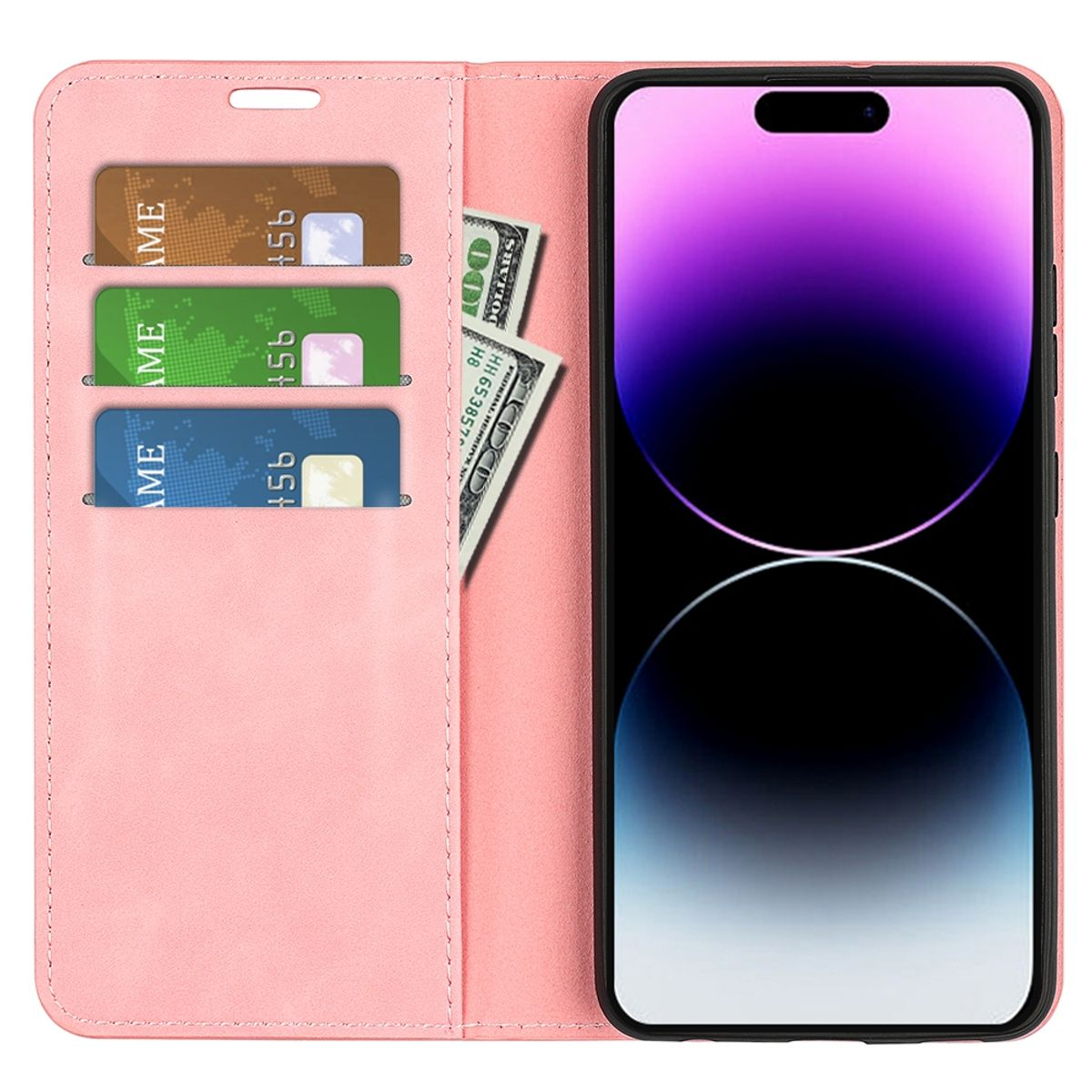 Eine rosa Handyhülle mit Kreditkartenfächern und einem Hundert-Dollar-Schein, mit einem schwarzen Telefon darin.