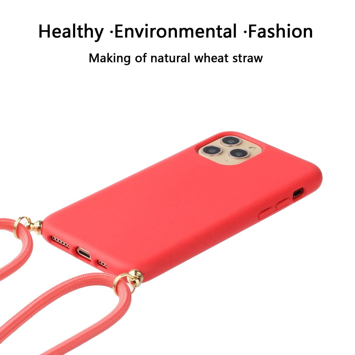 Eine rote Handyhülle mit Umhängeband. Sie hat ein Kameraloch und einen Handystrap.