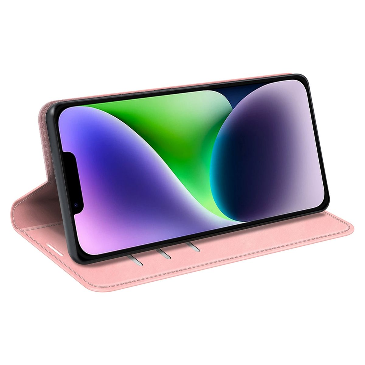 Telefon in rosa Hülle, aufgestellt. Der Bildschirm zeigt ein buntes abstraktes Design.