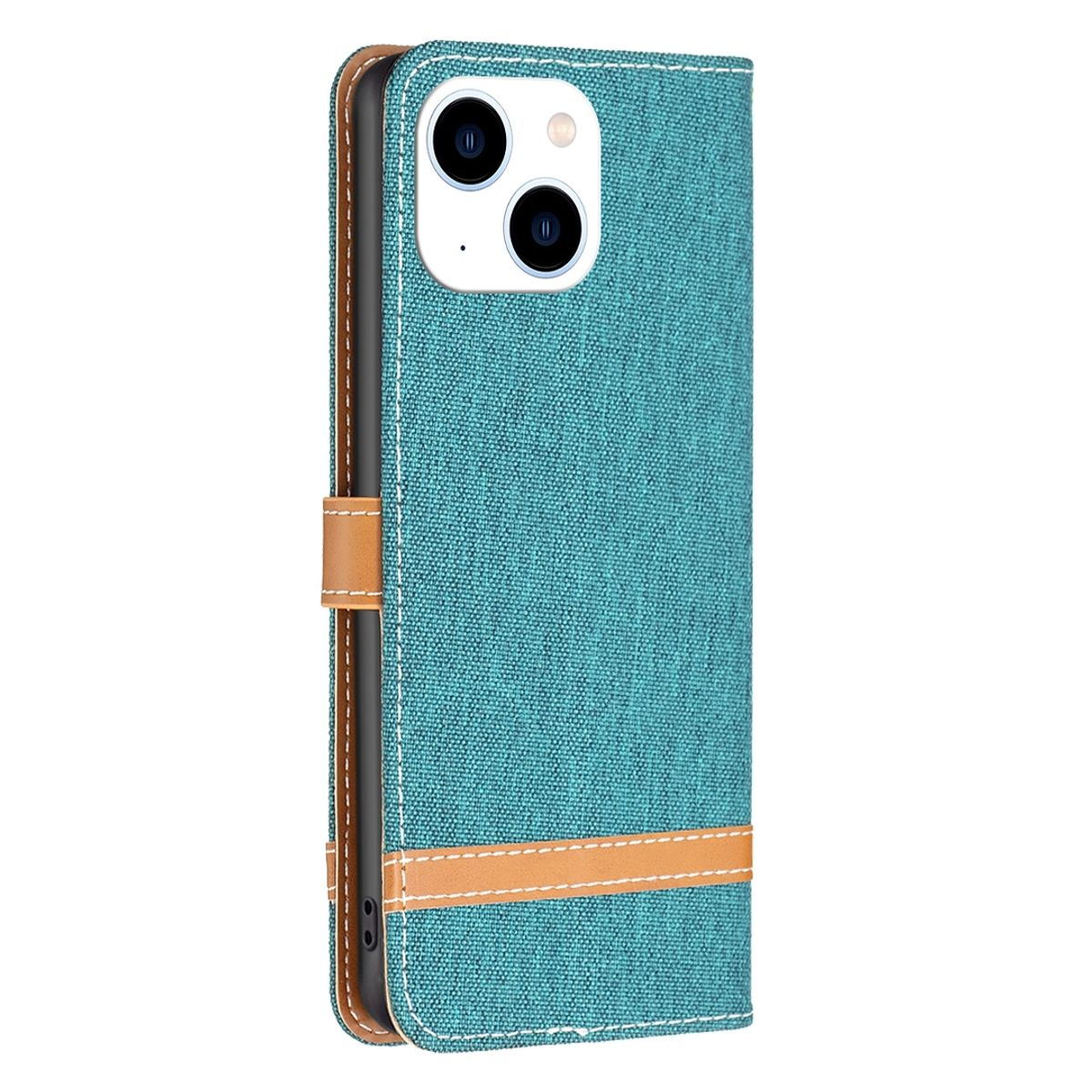 Blaue Handyhülle mit Telefon, braunem Riemen und weißen Nähten.
