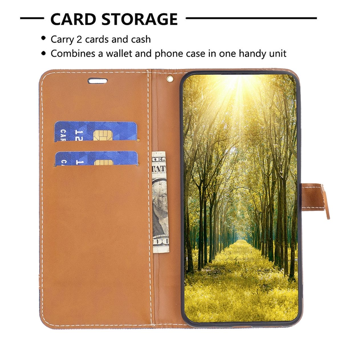 Eine Handyhülle mit Kartenfächern. Der Telefonbildschirm zeigt einen sonnigen Waldweg. Karten und Bargeld sind sichtbar.