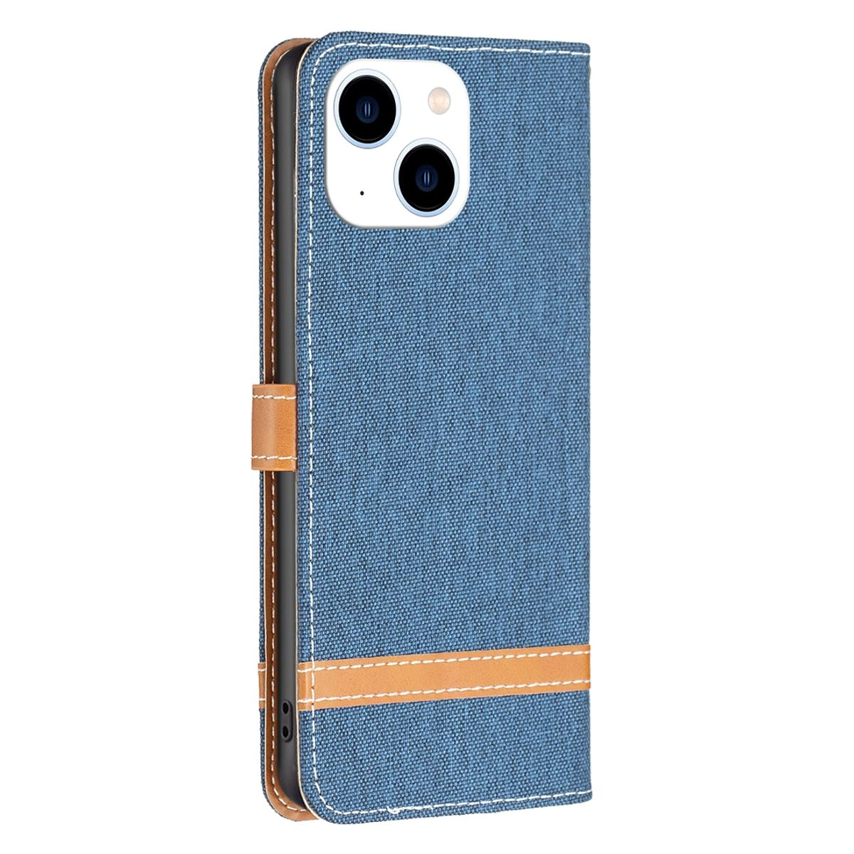 Eine blaue Handyhülle mit Canvas-Textur und einem braunen Lederriemen.