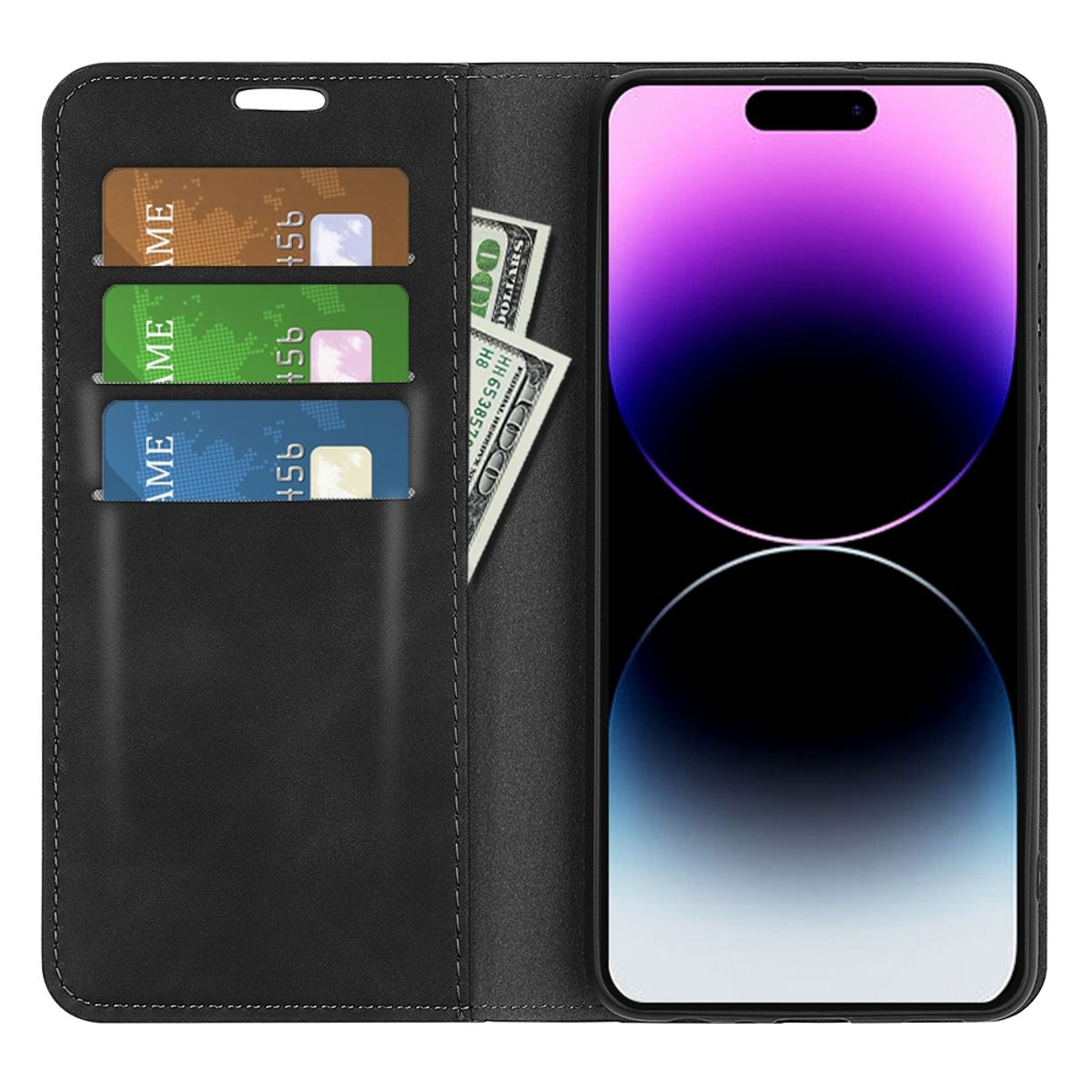 Schwarze Handyhülle mit Karten und Geld. Telefon mit Hintergrundbild sichtbar.