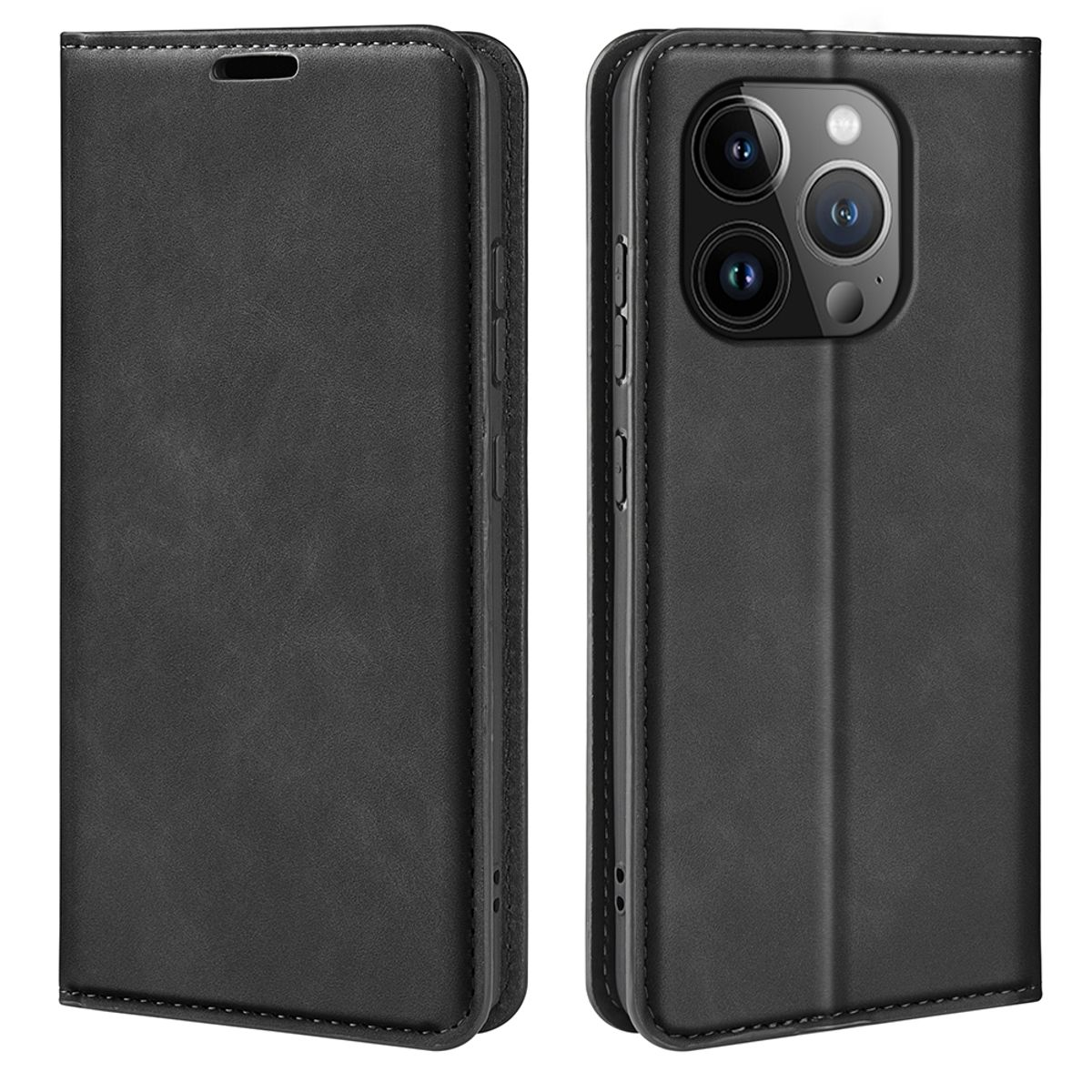 Schwarze Leder-Handyhülle, geschlossen und offen, mit einem Telefon mit Kameralinsen.