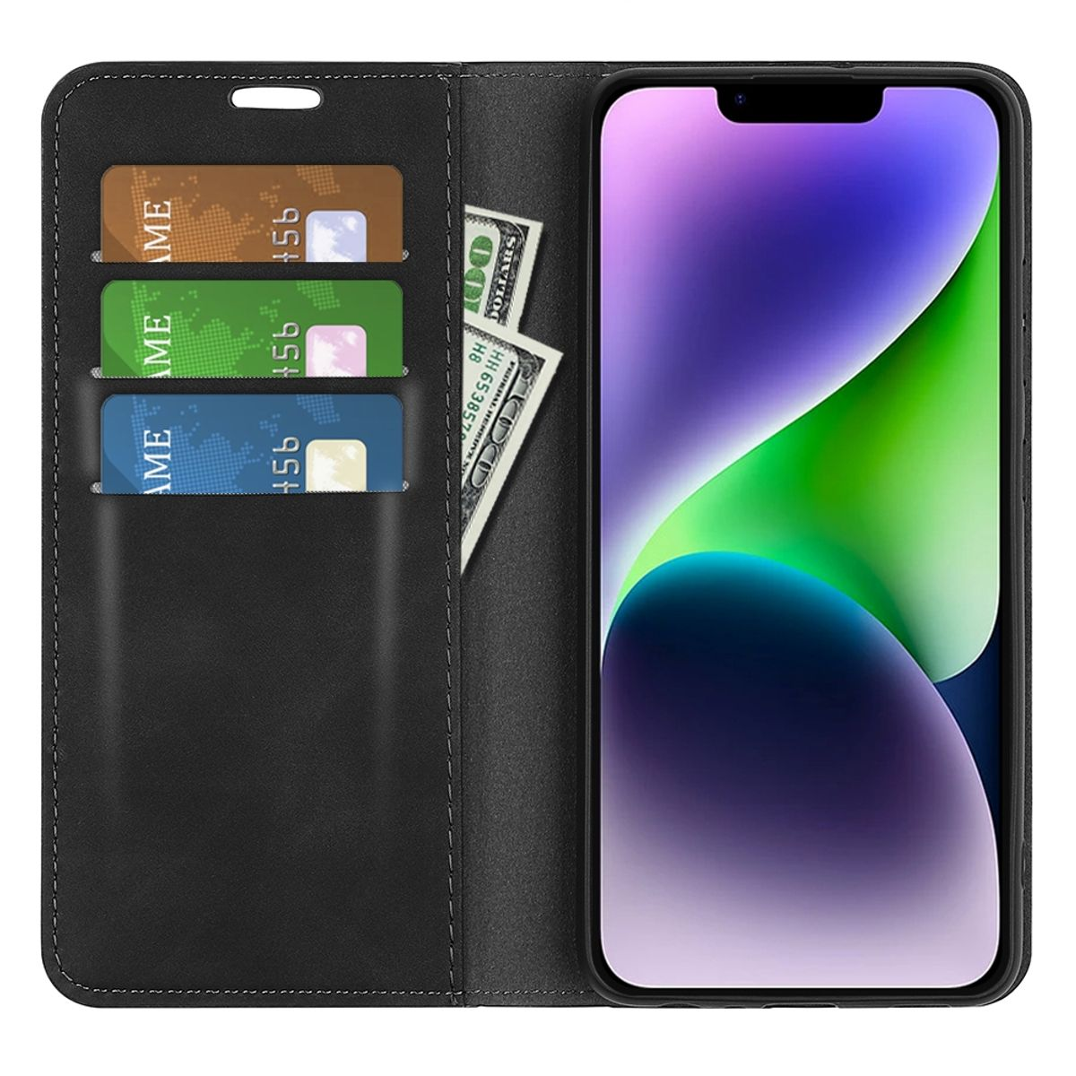 Eine schwarze Handyhülle mit Telefon, Kreditkarten und Geld. Die Hülle ist geöffnet und zeigt den Inhalt.