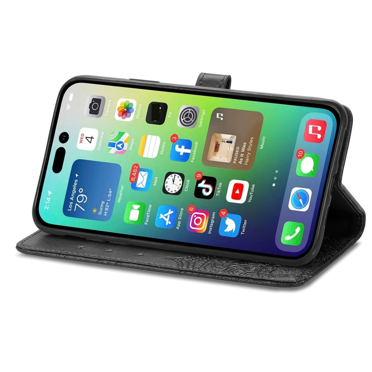 Telefon in geöffneter Hülle, Apps auf dem Bildschirm zeigend, mit Hintergrund.