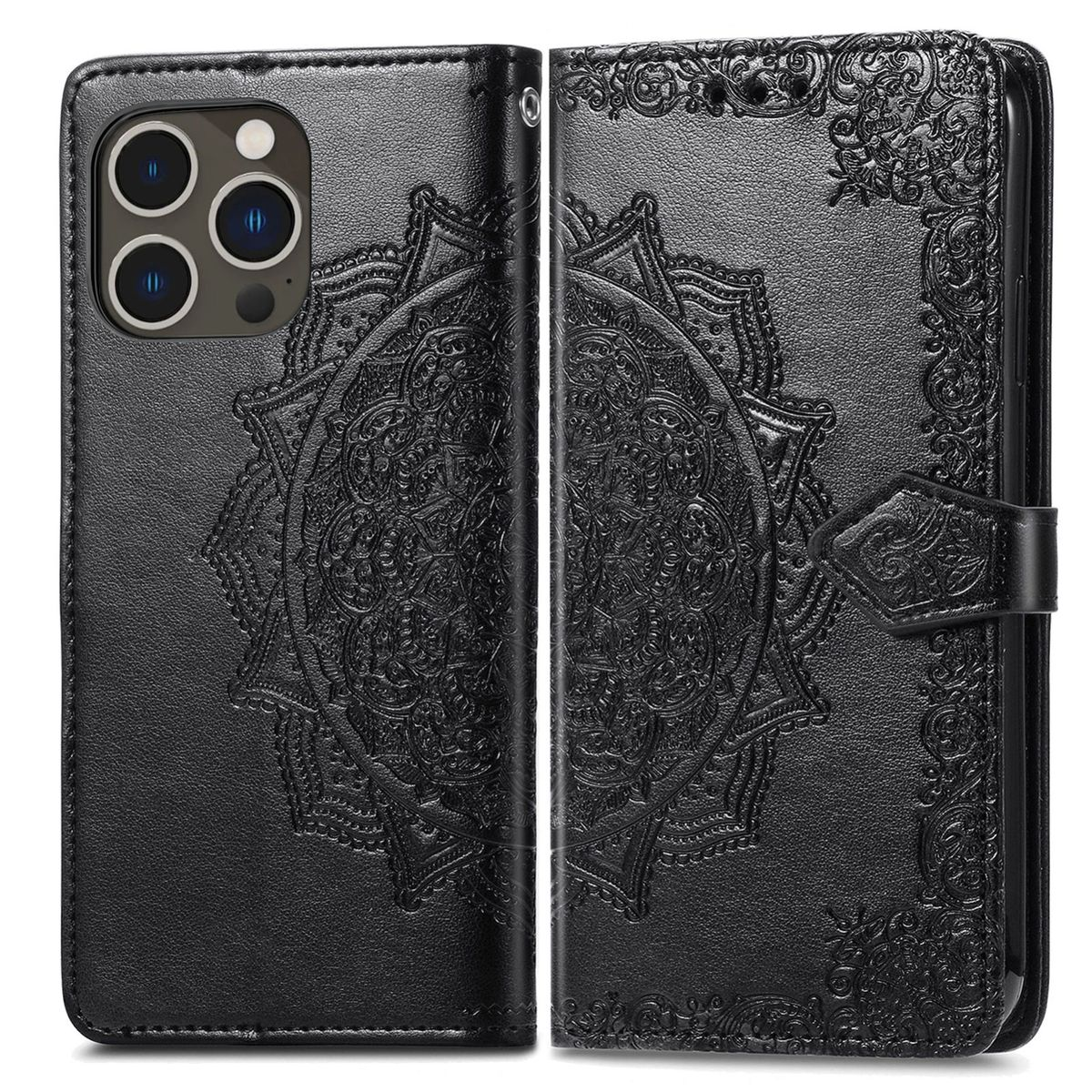 Eine schwarze Handyhülle ist geöffnet und zeigt ein Telefon. Die Hülle hat ein Mandala-Design und Muster.