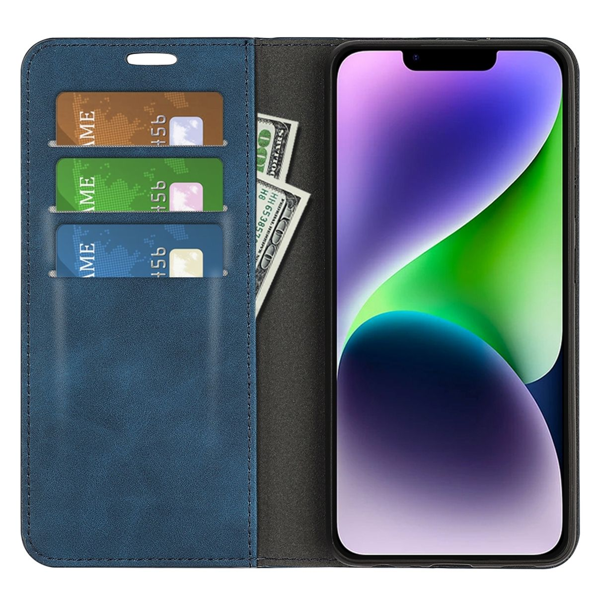 Blaue Leder-Handyhülle mit Kartenfächern und Geld. Telefon ist sichtbar.