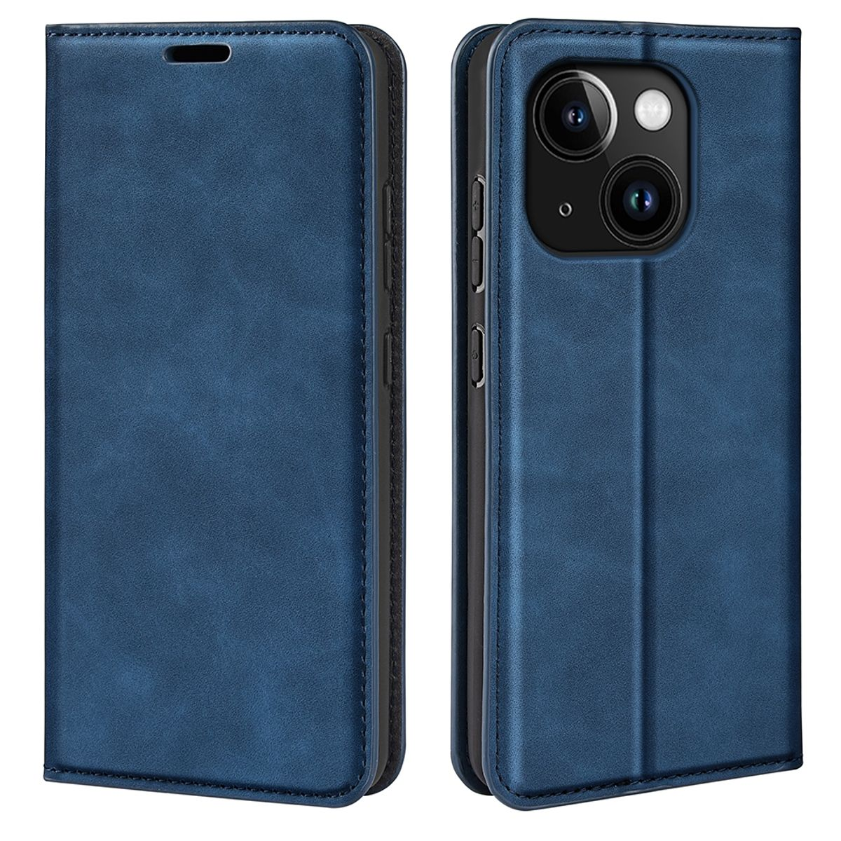 Blaue Handyhülle, geöffnet, um ein Telefon im Inneren zu zeigen. Die Hülle ist lederartig, mit Magnetverschluss.