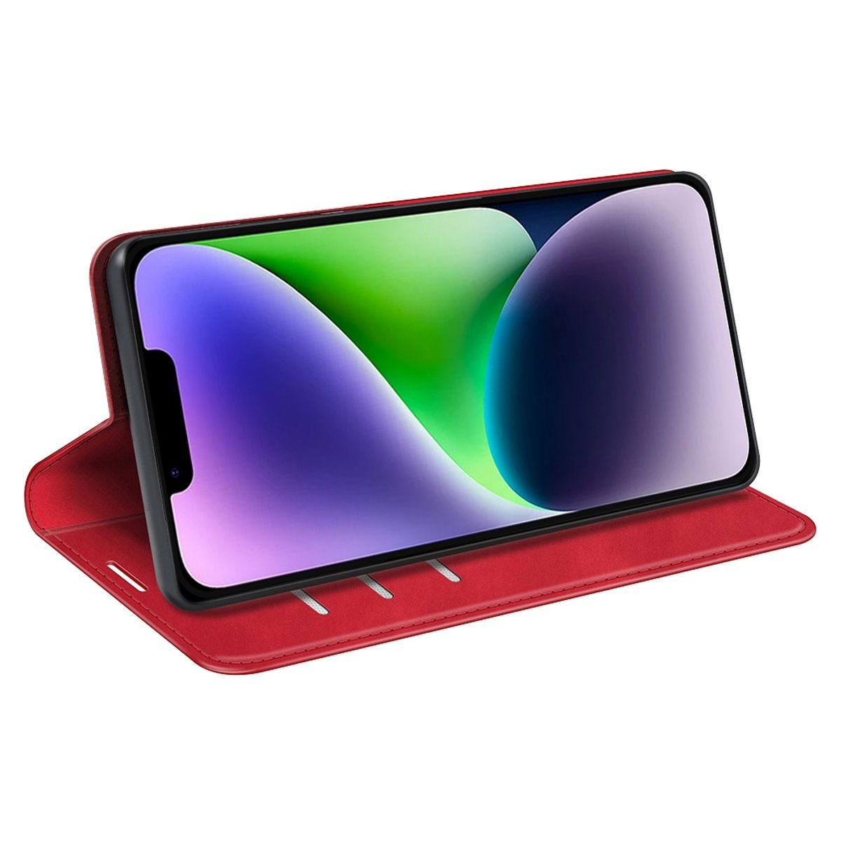 Rote Handyhülle mit Telefon darin, steht aufrecht. Weißer Hintergrund.