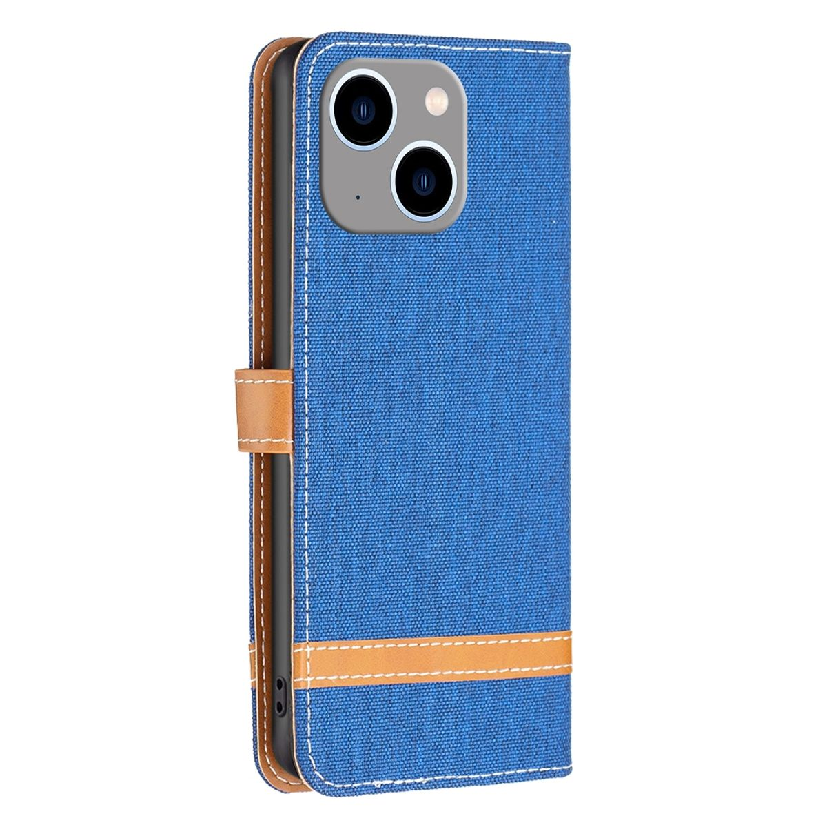 Blaue Handyhülle, geschlossen. Brauner Lederriemen und weiße Nähte. Telefon mit Dual-Kamera innen.